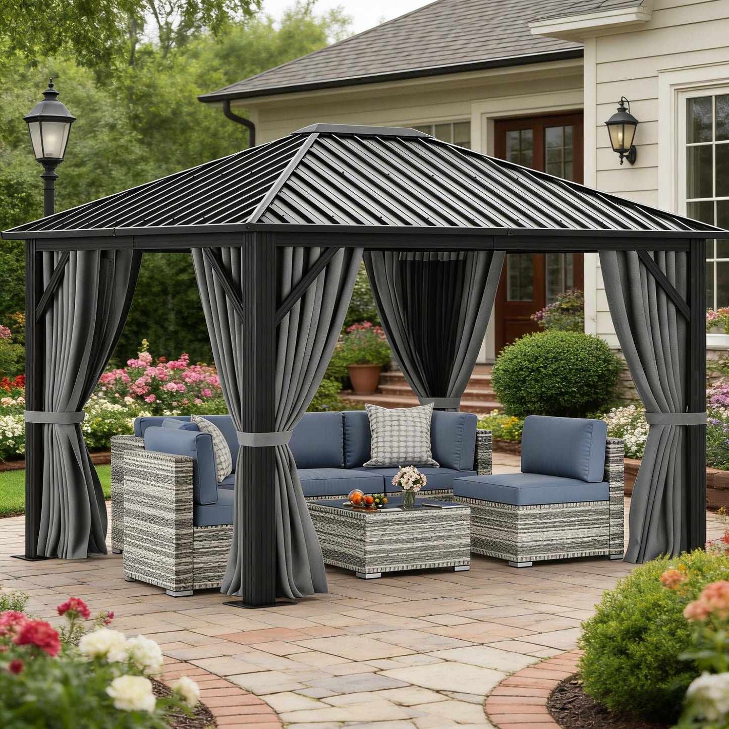 YITAHOME 10X12FT Single Hardtop Metal Gazebo Top Outdoor Patio Canopy Galvanized Iron Aluminum Column Garden Tent Curtains Netting for Backyards Decks Lawns,Gray