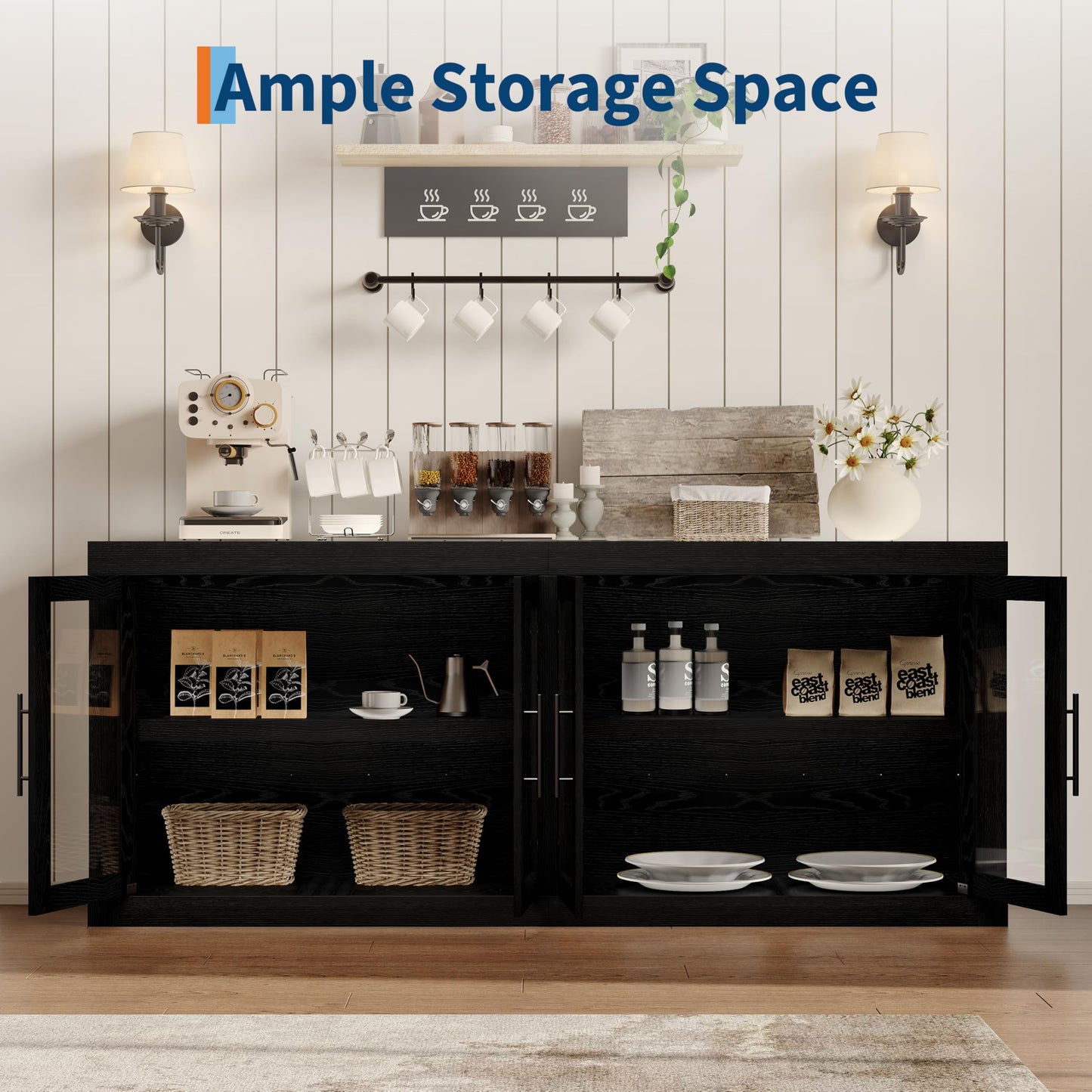 GarveeHome 70.8 in Sideboard Buffet Cabinet with Storage, Mid Century Modern Accent Cabinet with 4 Glass Doors, Wood Coffee Bar Media Console Credenza for Living Room, Kitchen, Hallway, Black