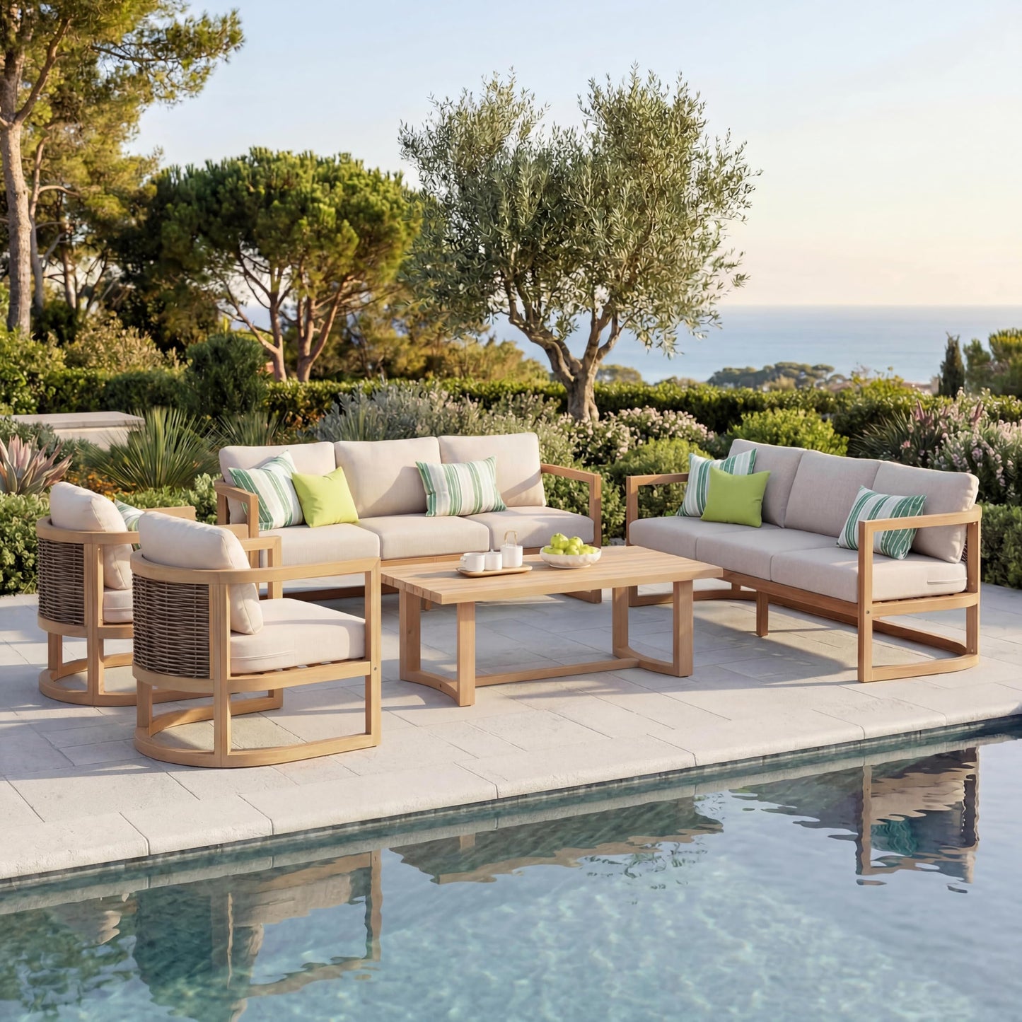 Christopher Knight Home Fido 8-Seater Patio Furniture Set with Cushion, 5 Piece Outdoor Acacia Wood Conversation Set, Sold Wood Outdoor Sectional Sofa Set with Coffee Table, Light Teak+Beige