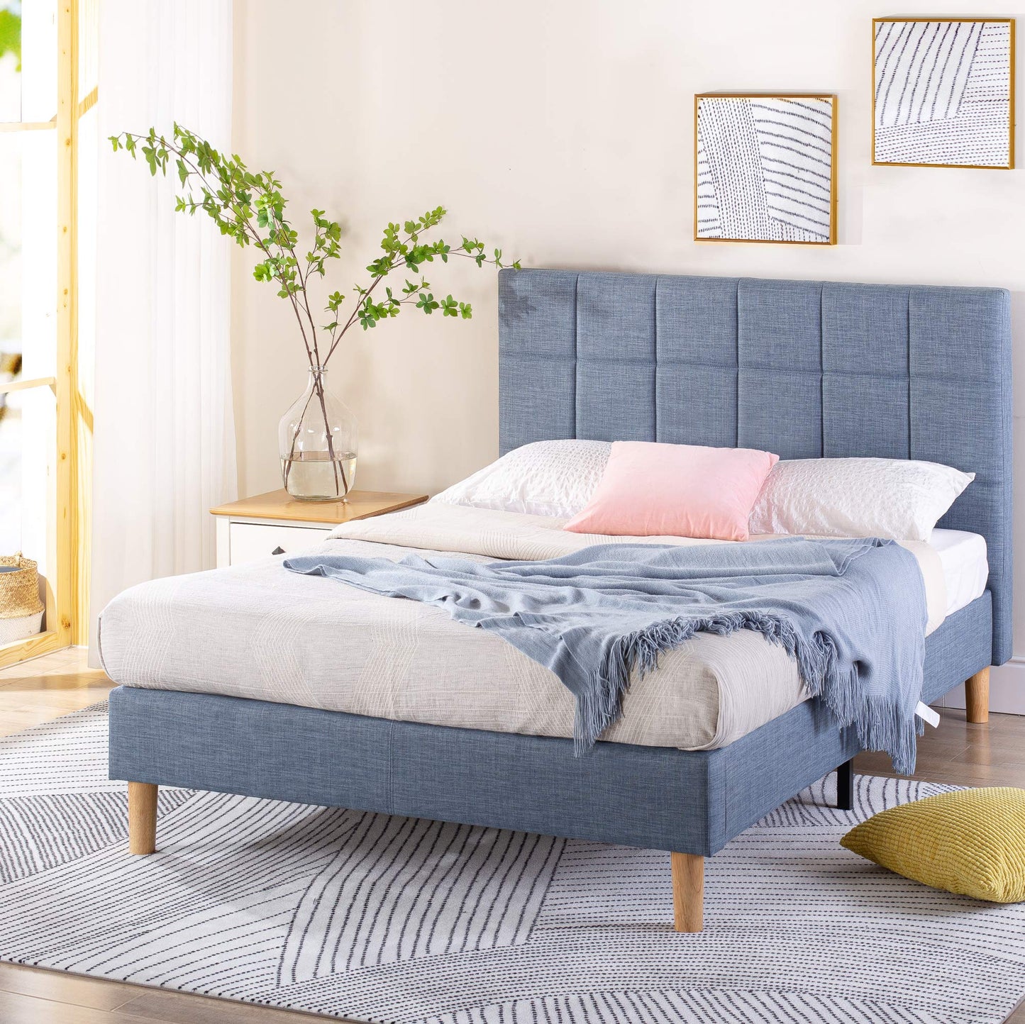 Zinus Lottie Upholstered Platform Bed Frame, Mattress Foundation, Wood Slat Support, No Box Spring Needed, Easy Assembly, Blue Slate, Full
