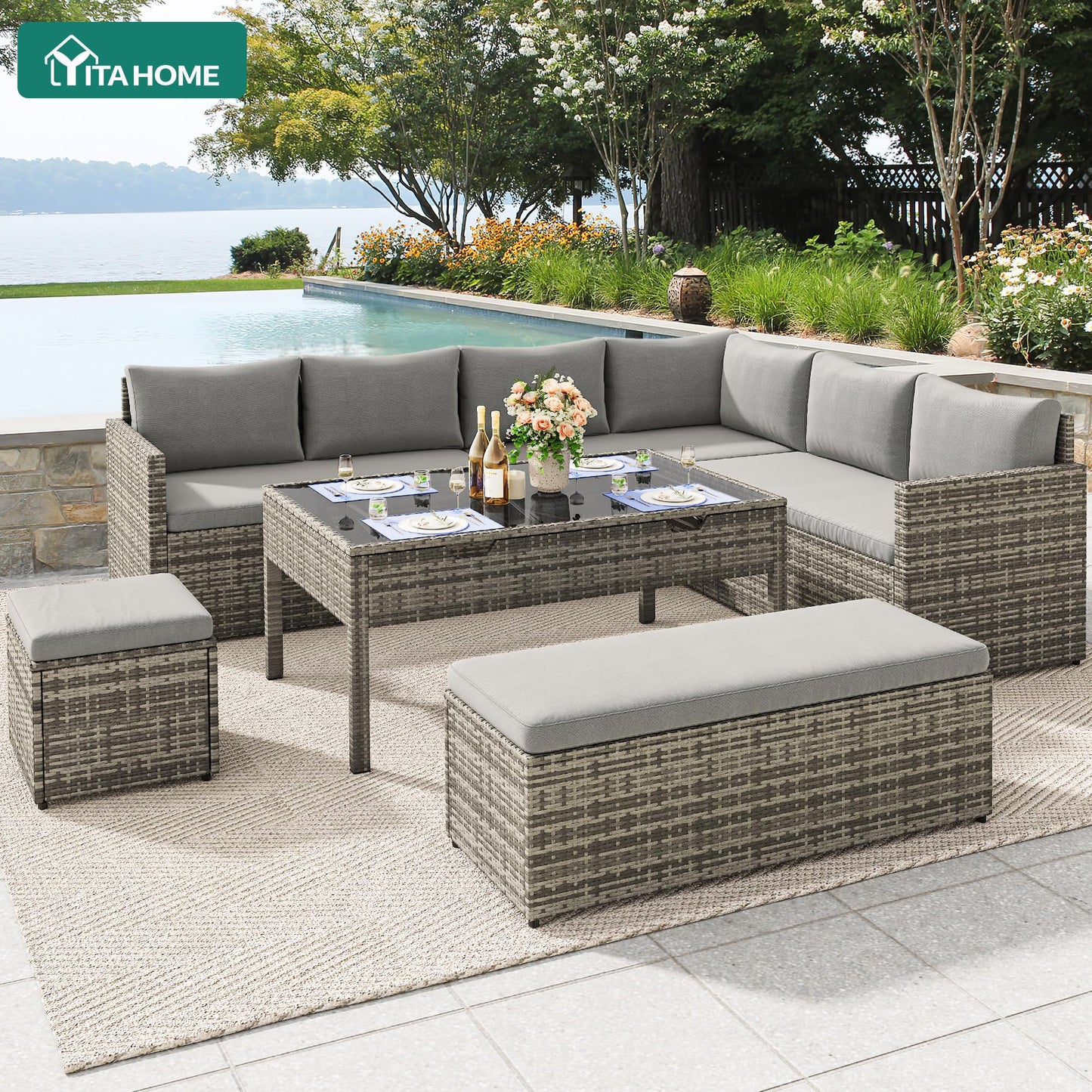 YITAHOME 9PCS Patio Furniture Set with Lift-Top Coffee Table & Ottoman, Outdoor Modular Sectional Sofa, Waterproof Patio Conversation Set, All-Weather Patio Sofa, Outdoor Couch for Deck Backyard