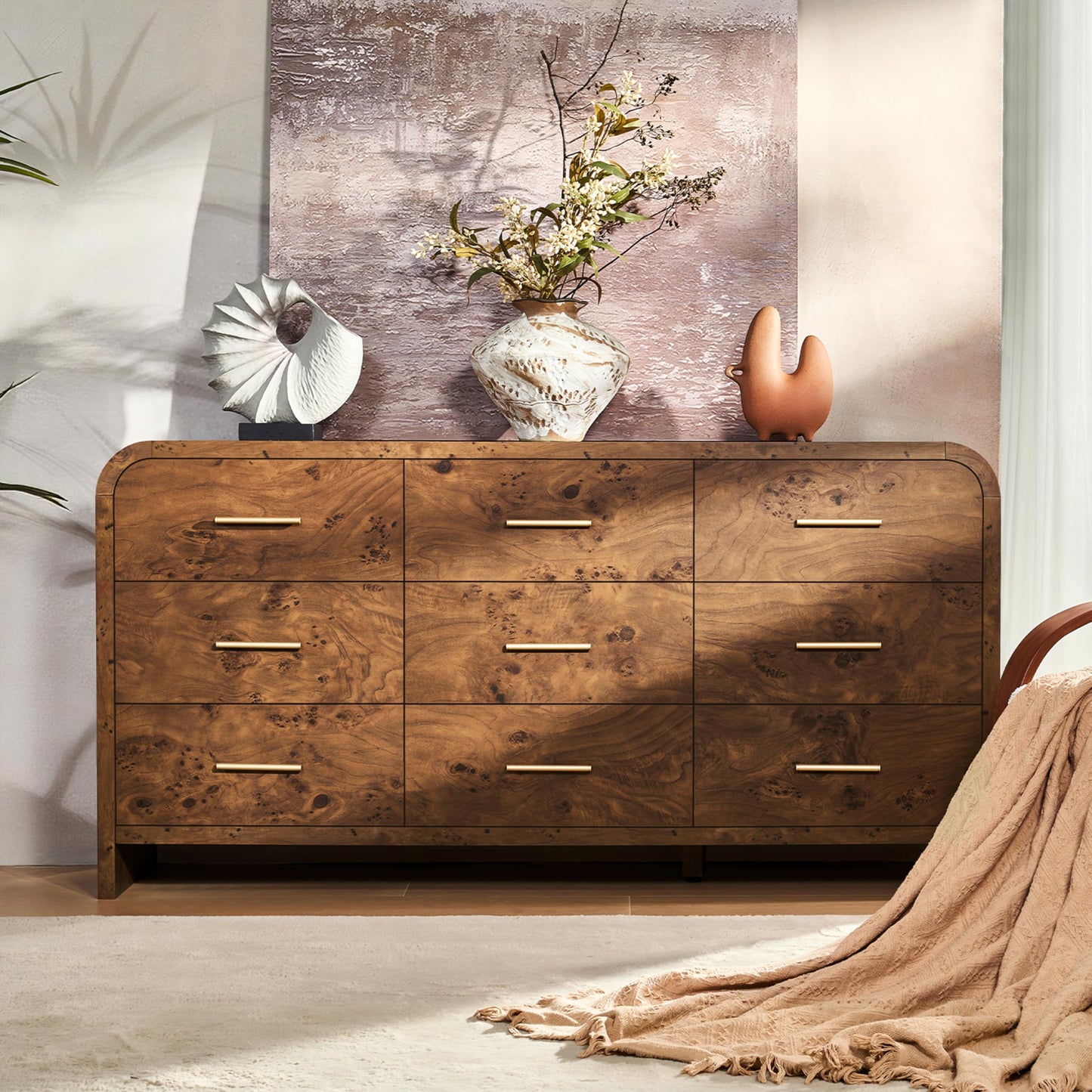 EliteSet Curved 9-Drawer Dresser for Bedroom, 63" Wide Modern Chest of Drawers, Vanity Desk TV Stand for Living Room, Closet Storage Drawers Organizer Furniture, Nursery, Hallway, Dark Burl