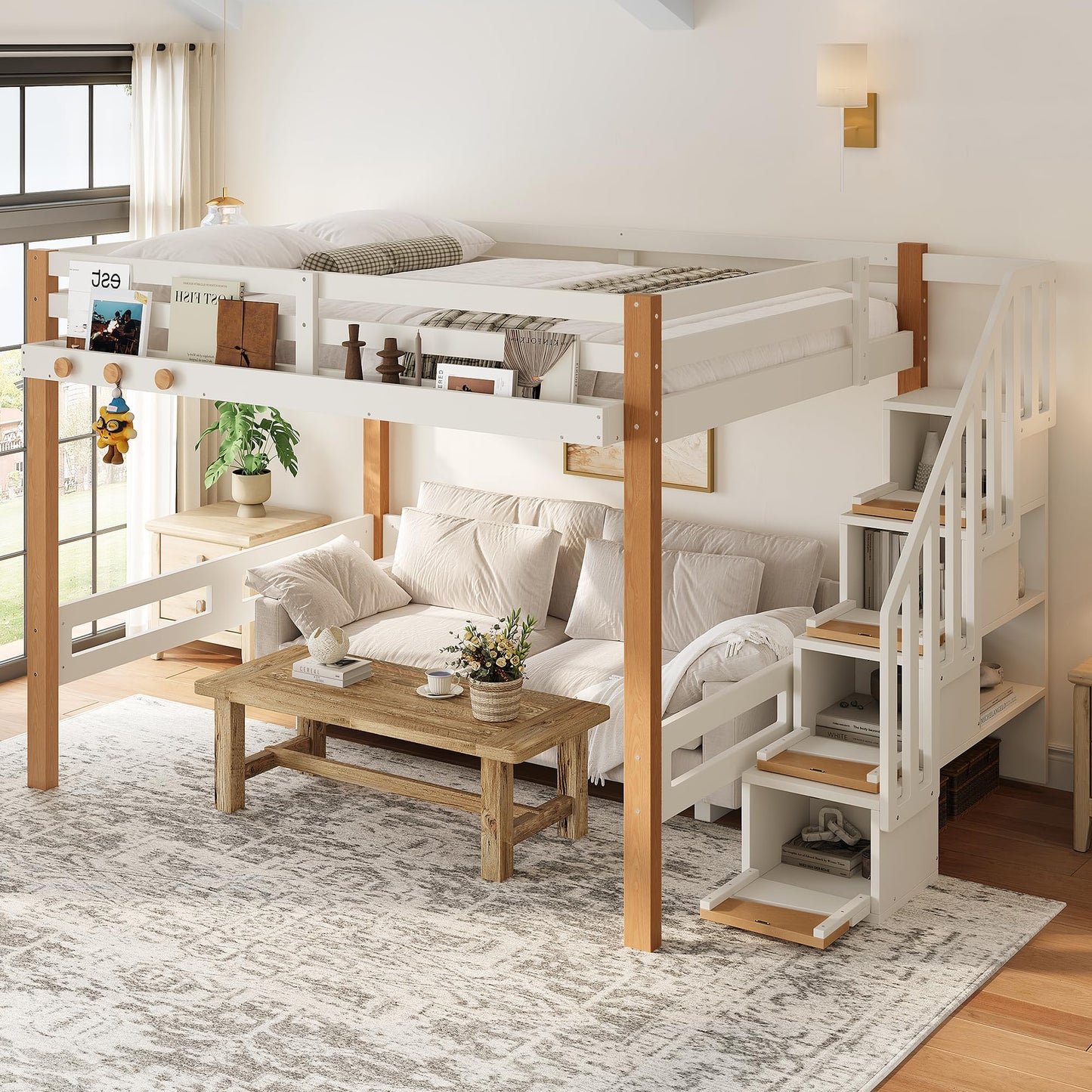 KEIKI Full Size Wooden Loft Bed Frame with Staircase & Clothes Hook & Built-in Storage Shelves, Modern Loft Bed with Solid Slat & Guardrail, No Box Spring Required, Easy Assembly, for Bedroom, Beige