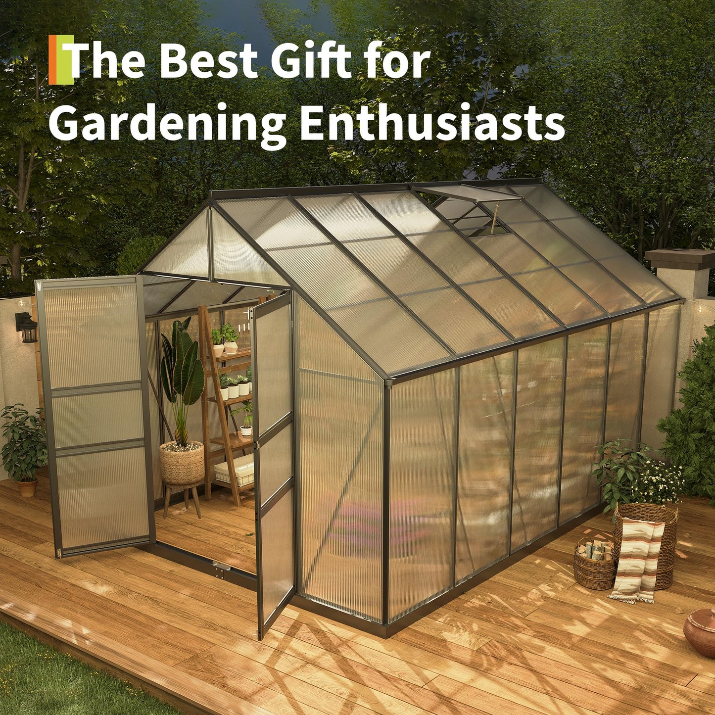 GarveeLife 8*12 ft Outdoor Walk-in Greenhouse, Polycarbonate Green House, Heavy Duty Greenhouse with Vented Roof Window, Windproof Aluminum Frame, Suitable for Outside Gardening, Backyard, Patio