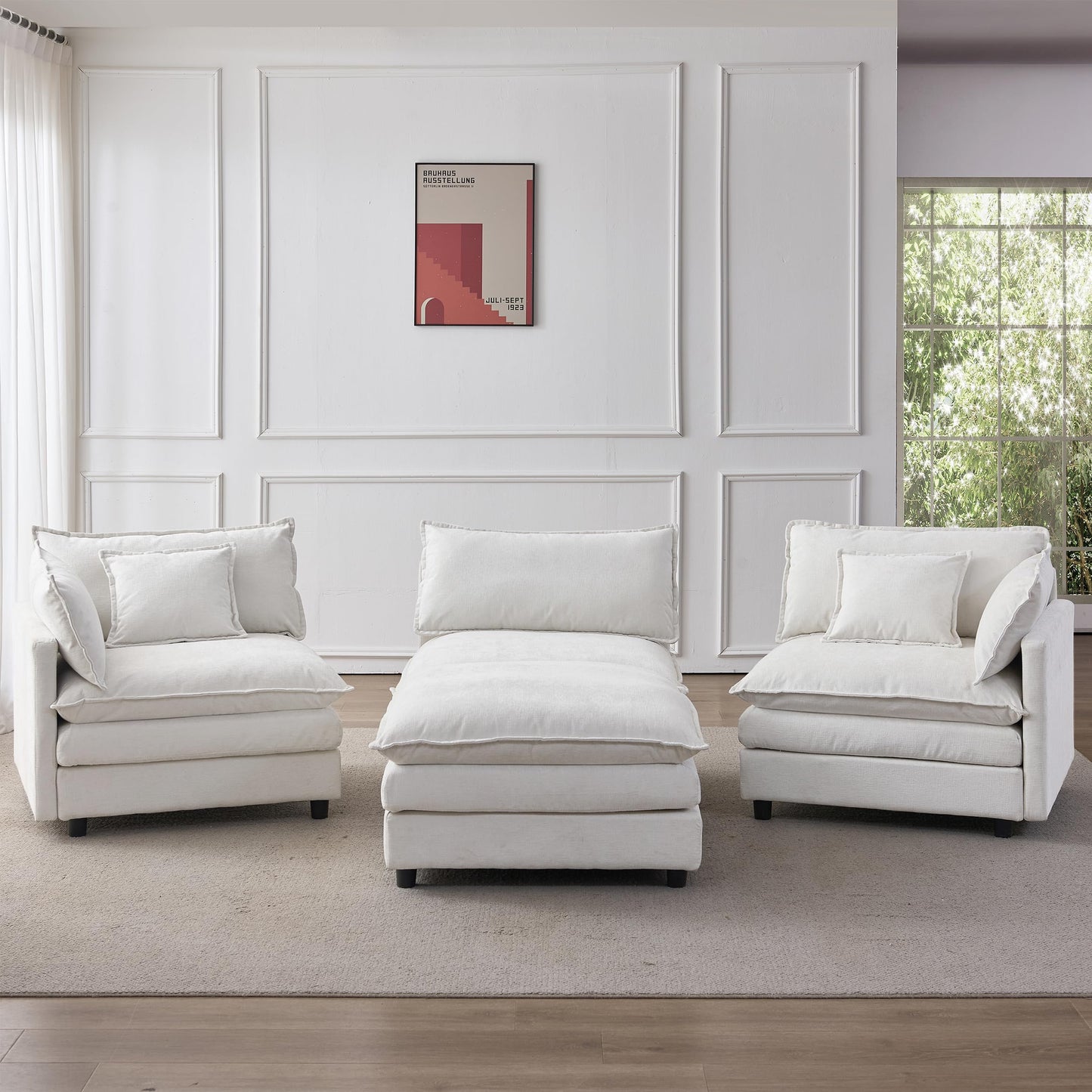 KEIKI 3 Seater Chenille Modular Sectional Couch Sofa with Ottoman, Double-Layer Seat Cushions & Back Cushions, Modern L-Shape Upholstered Cloud Soft Sofa Couches Chaise Lounge for Living Room