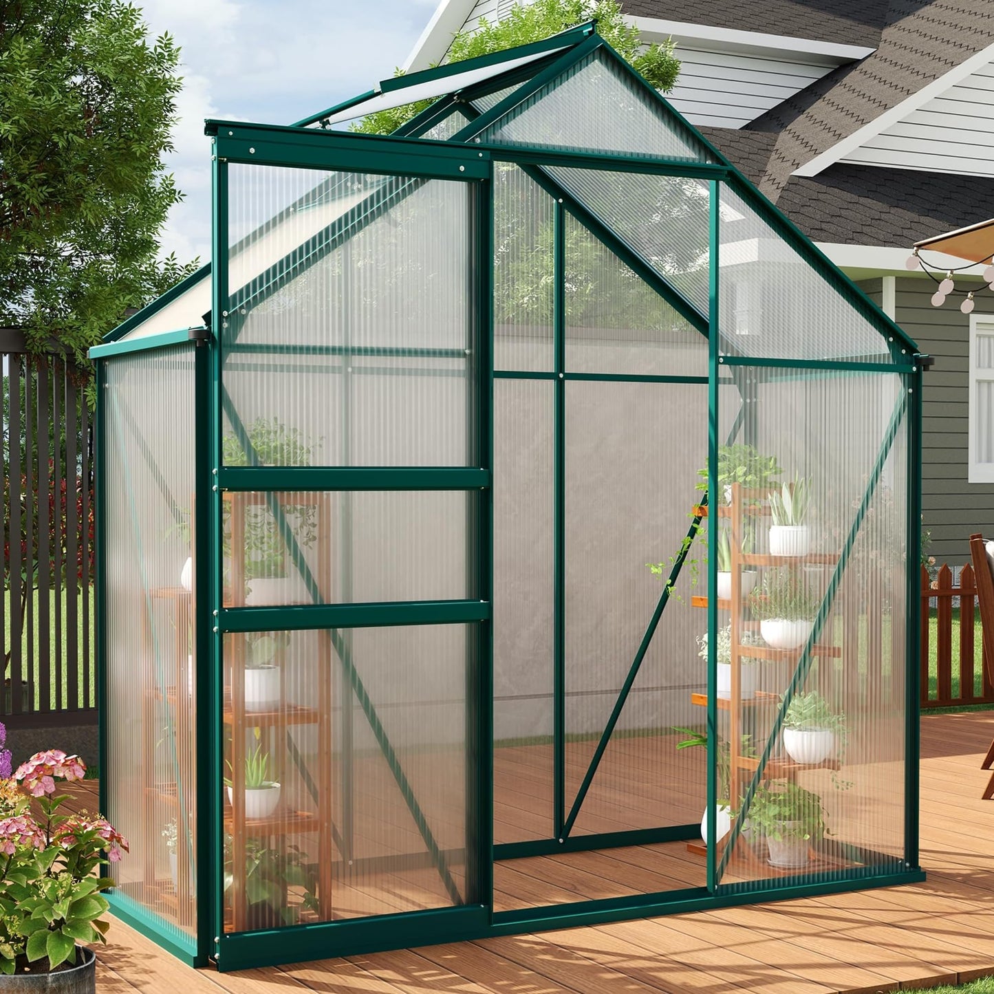 MilleLoom 6x3Ft Greenhouse for Outdoors, Polycarbonate Greenhouse with Quick Setup Structure, Roof Vent&Sliding Door, Aluminum Large Walk-in Green House for Outside Garden Backyard, Patio, Lawn, Green