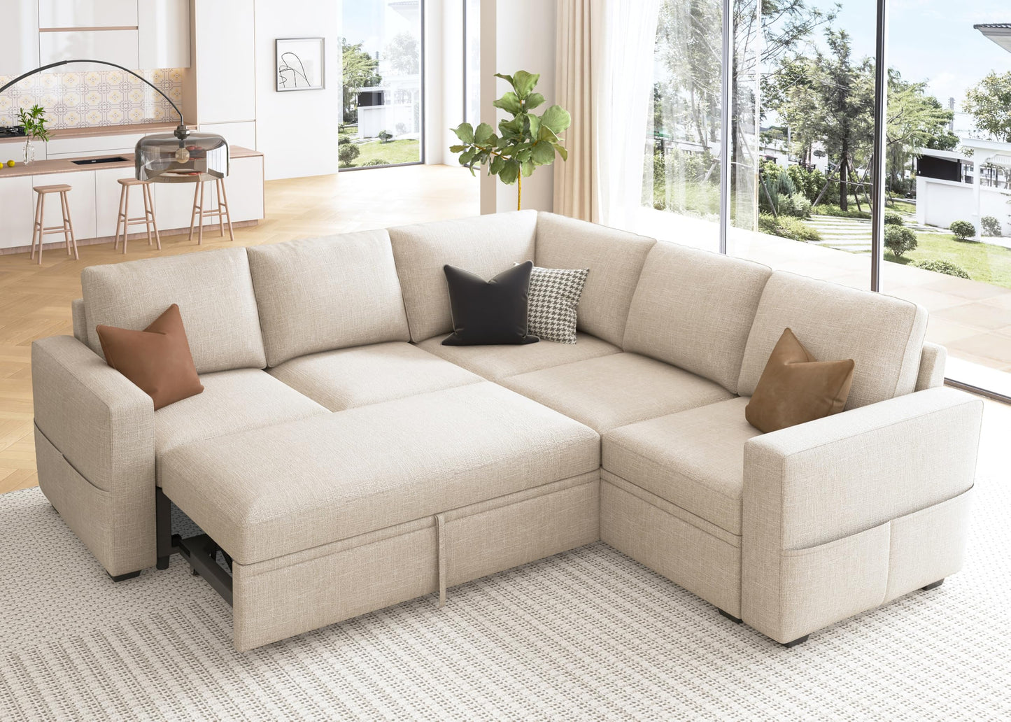 HONBAY Modular Sectional Sleeper Sofa with Pull Out Bed, L Shaped Couch with Storage Seat, Convertible Sectional Couches for Living Room, Beige