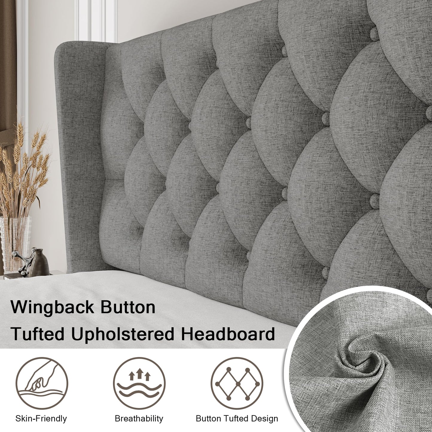Einhomn Queen Size Platform Bed Frame with Fabric Upholstered Wingback Headboard, 9" Under Bed Space, Wooden & Metal Slats Support, No Box Spring Needed, Light Gray