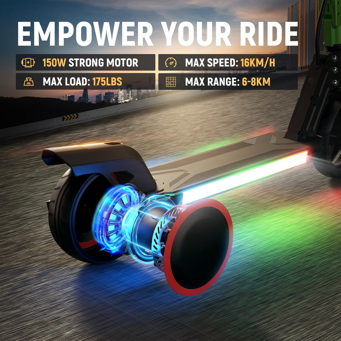 WEELMOTION Green Electric Scooter for Kids, Bright Front Bar Lights, Head Lights, Shining Pedal, LED Display, Dual Brakes, 150W Lightweight Foldable Kids Electric Scooter, UL2272 Certified