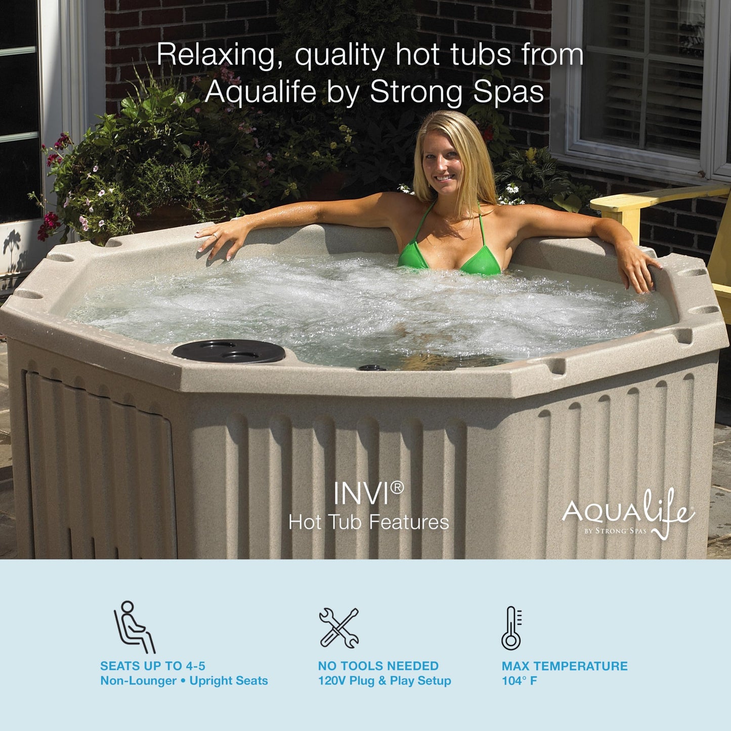 Aqualife by Strong Spas Invi 5 Person Rigid Resin Hot Tub Spa, 11 Jets, 2BHP 2-Speed Pump, Stainless Steel Heater, 120V Plug & Play, Full Foam Insulation, 4 Season Outdoor, LED, Cover and Filter