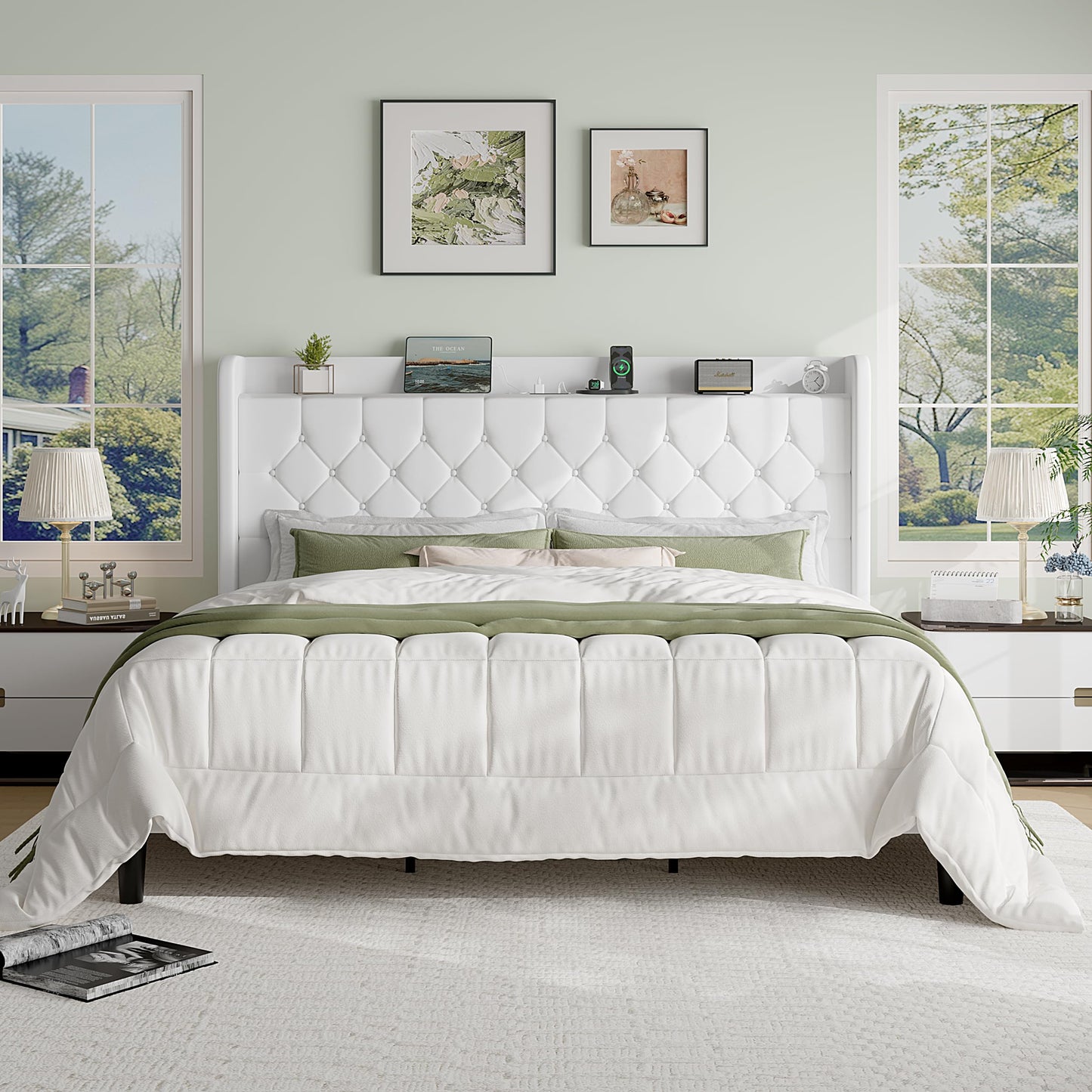 SHA CERLIN King Size Platform Bed Frame with Charging Station, Velvet Wingback Headboard with Storage Shelf, Wooden Slats Support, Ample Under-Bed Space, No Box Spring Needed, Easy Assembly, White