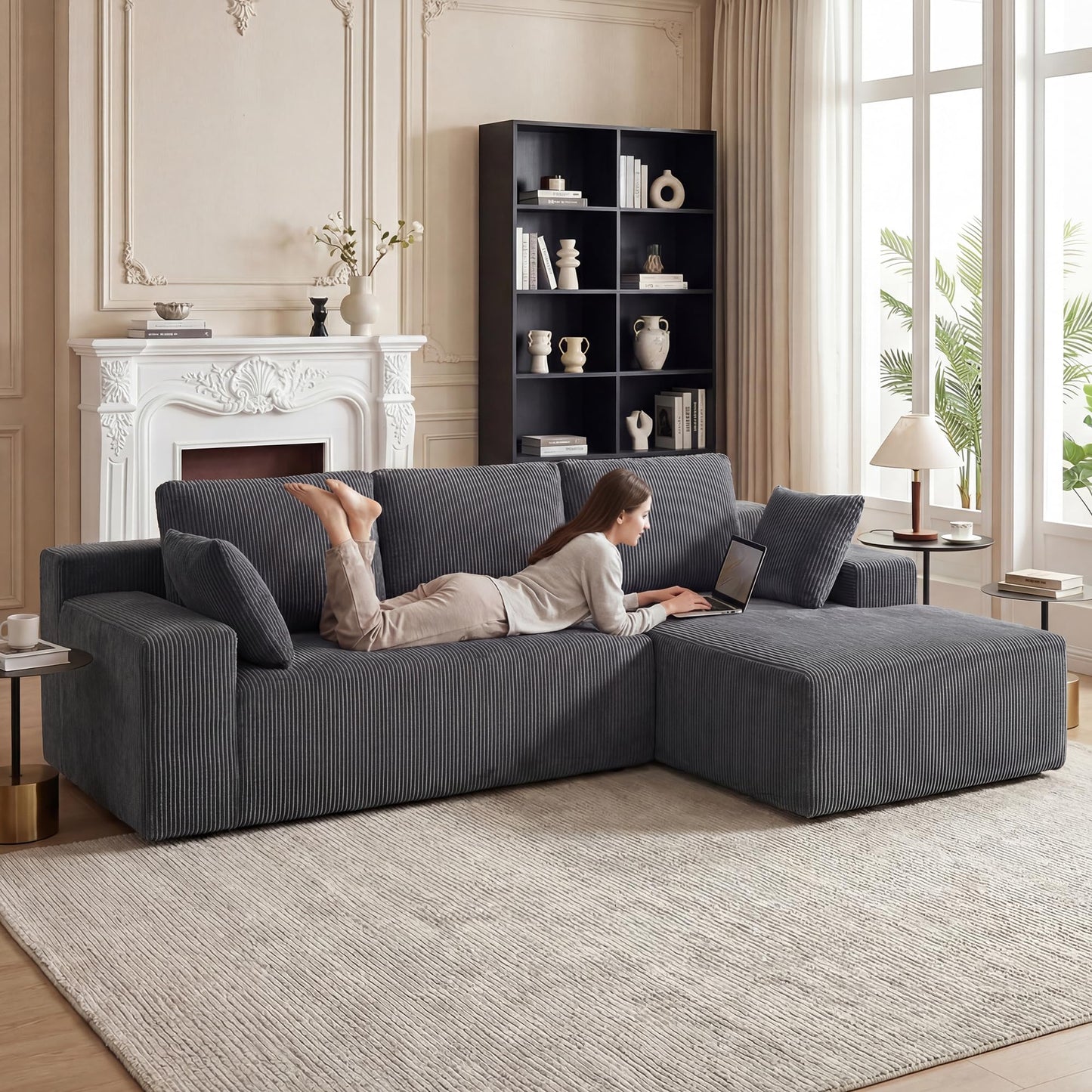 GRUSIGN Cloud Sectional Boneless Couches for Living Room, Modular L Shaped Couch with Deep Seat Oversized Right Facing Chaise, Memory Foam Compressed Spineless 3 Seater Sofa, Grey