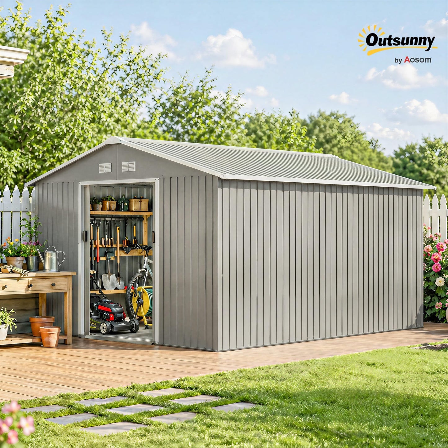 Outsunny 11' x 13' Outdoor Storage Shed, Garden Tool Metal Shed with Foundation Kit, Double Lockable Door, Air Vents and Sloping Roof, for Backyard, Patio, Lawn, Light Gray