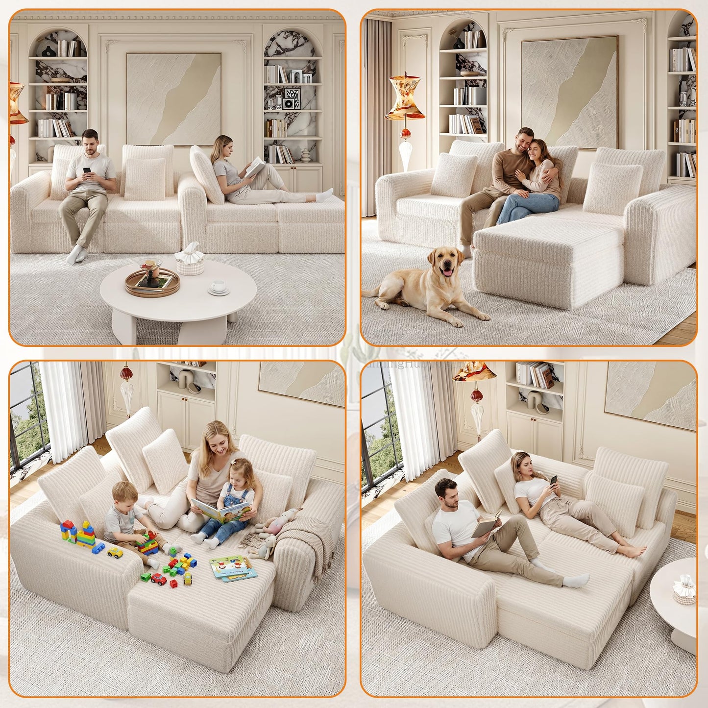 Feonase Modular Sectional Sofa, Cloud Sectional Couch with Deep Seat, 106.3'Modern Modular L Shape Sofa Couch with Chaise, Upholstered Boneless Couches for Living Room Bedroom, Beige