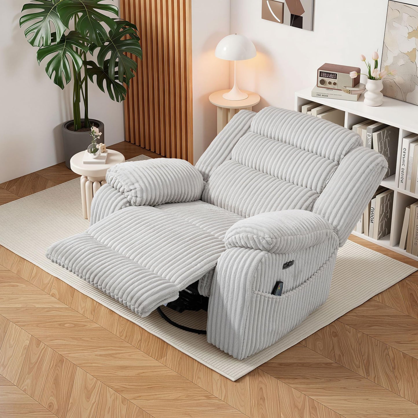 ERYE 41.8" Oversized Swivel Glider Rocker Chair Power Reclining Chair W/Vibration Heat,USB-C Ports,Modern Corduroy Upholstered Power Recliner Nursery Armchair Living Room