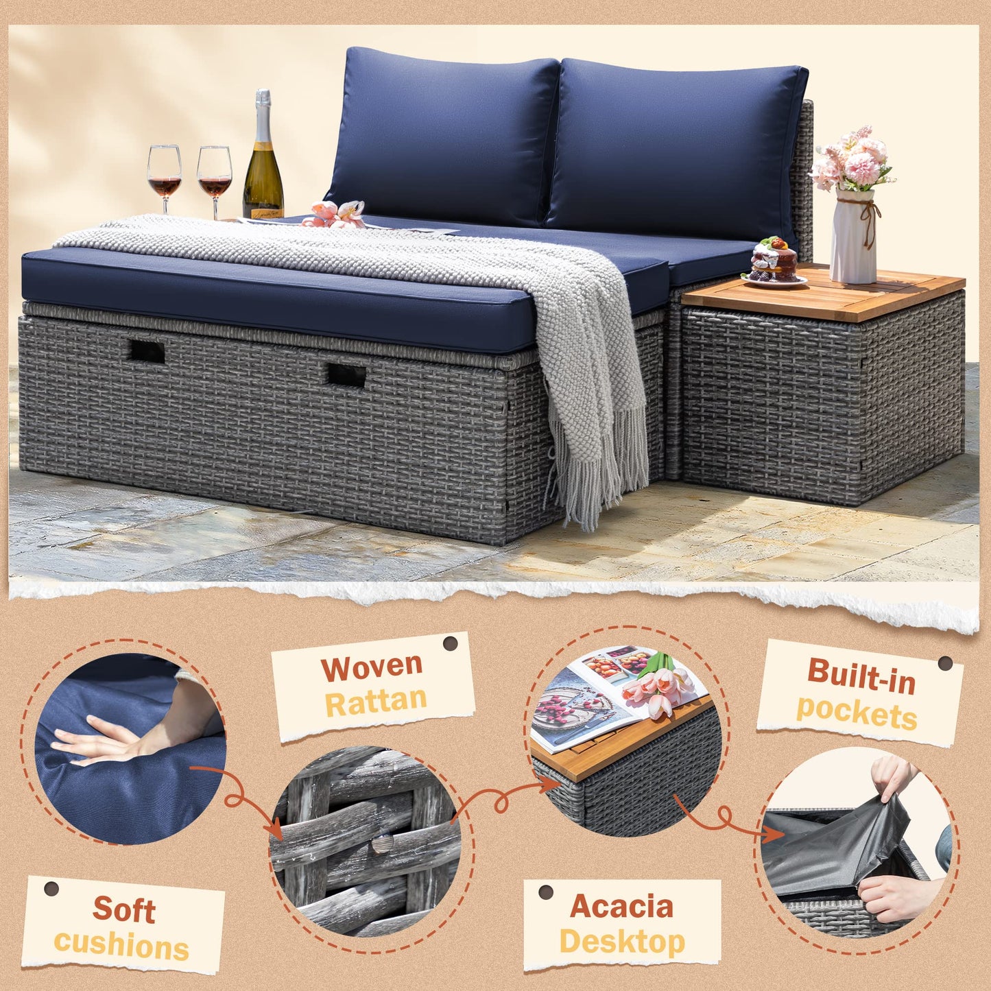 Greesum Patio Furniture Set Multifunctional Outdoor Sectional Sofa Rattan Chaise Lounge Wicker Daybed with Couch, Cushions, Storage Ottoman and 2 Side Tables for Backyard Porch Poolside Lawn,Blue