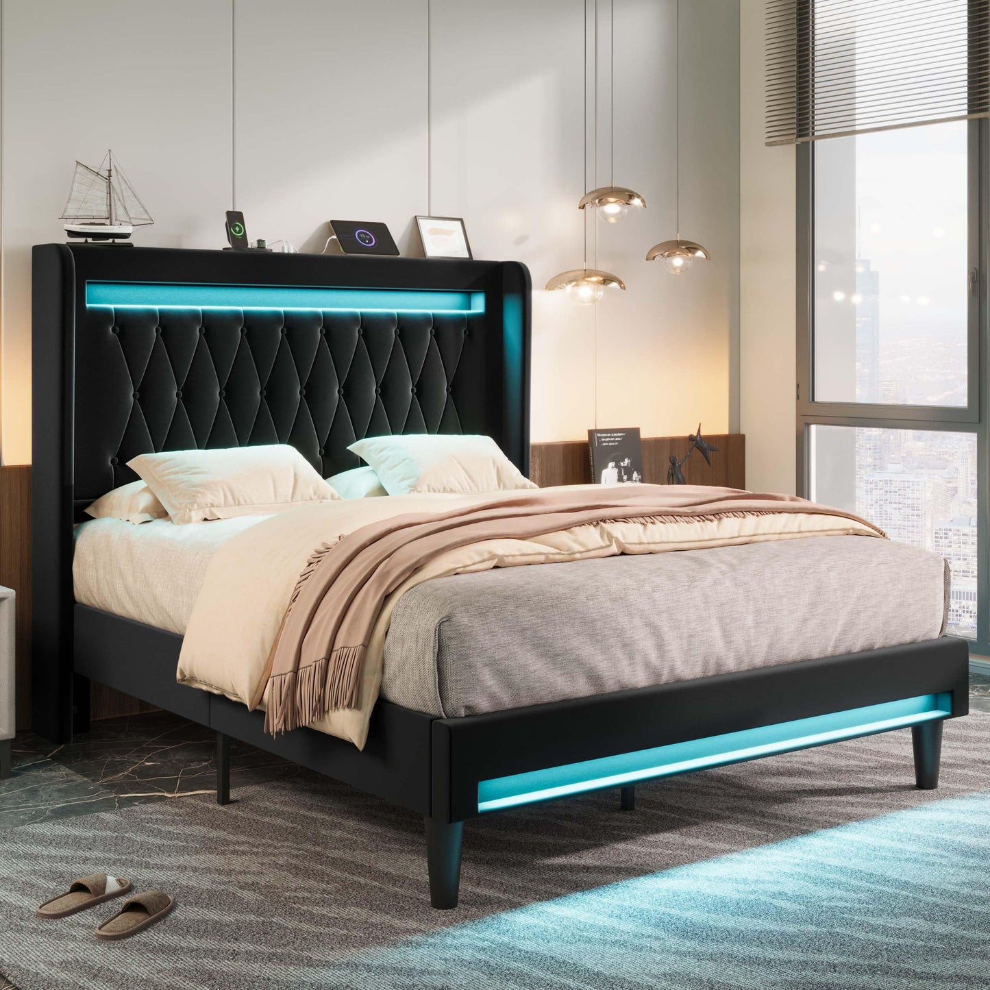 Allewie Upholstered Queen Size Platform Bed Frame with LED Light and Charging Station, Button Tufted High Headboard, Wingback Design, Noise Free, Easy Assembly, No Box Spring Needed, Black