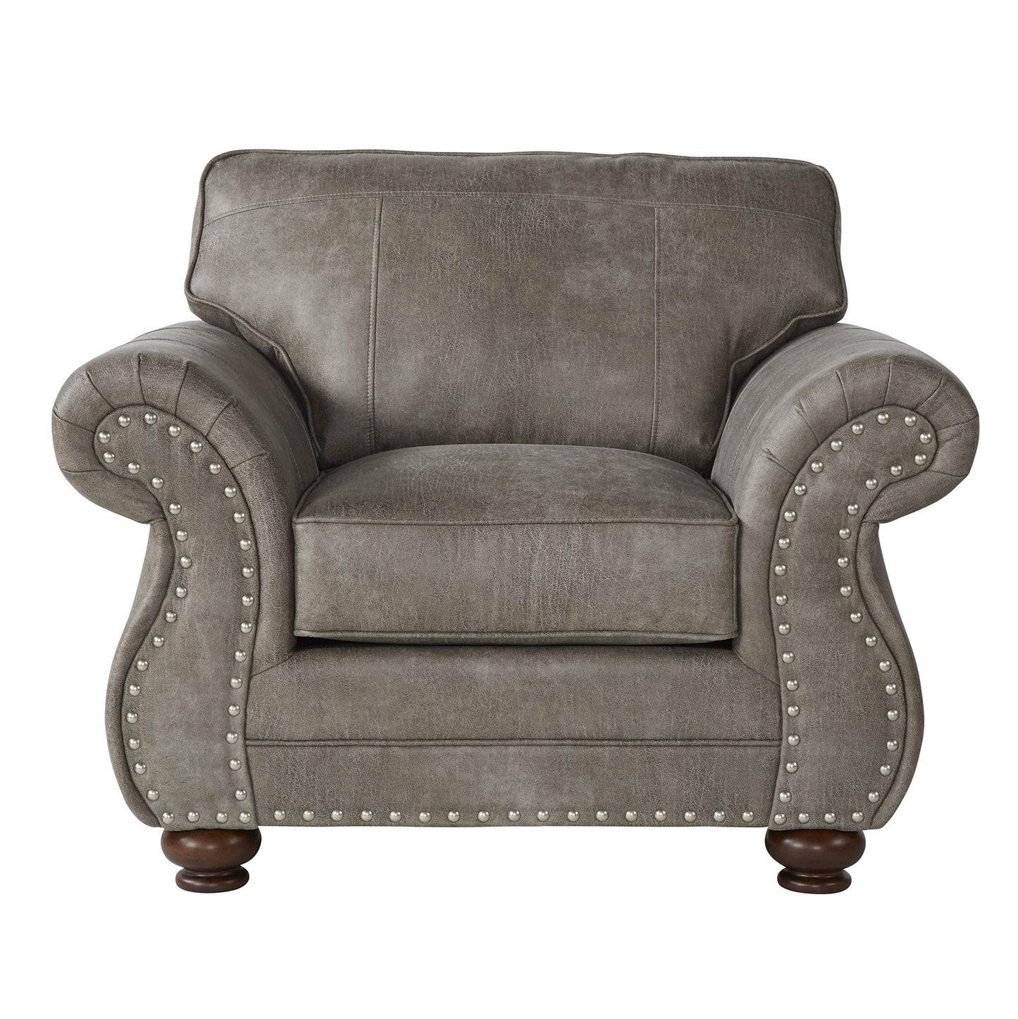 Roundhill Furniture Leinster Fabric Upholstered Nailhead 3-Piece Livingroom Set, Sofa, Loveseat, and Chair Set in Stone Gray