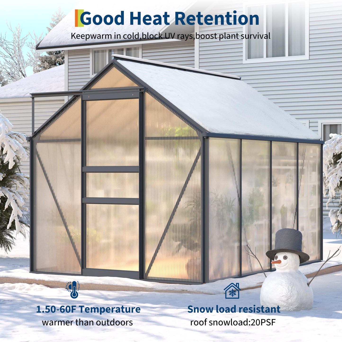 GarveeLife 6 x 8 FT Walk-in Greenhouses for Outside, Polycarbonate Greenhouse with Sliding Door, Adjustable Roof Vent, Aluminum Frame, Backyard Green Houses for Patio Garden