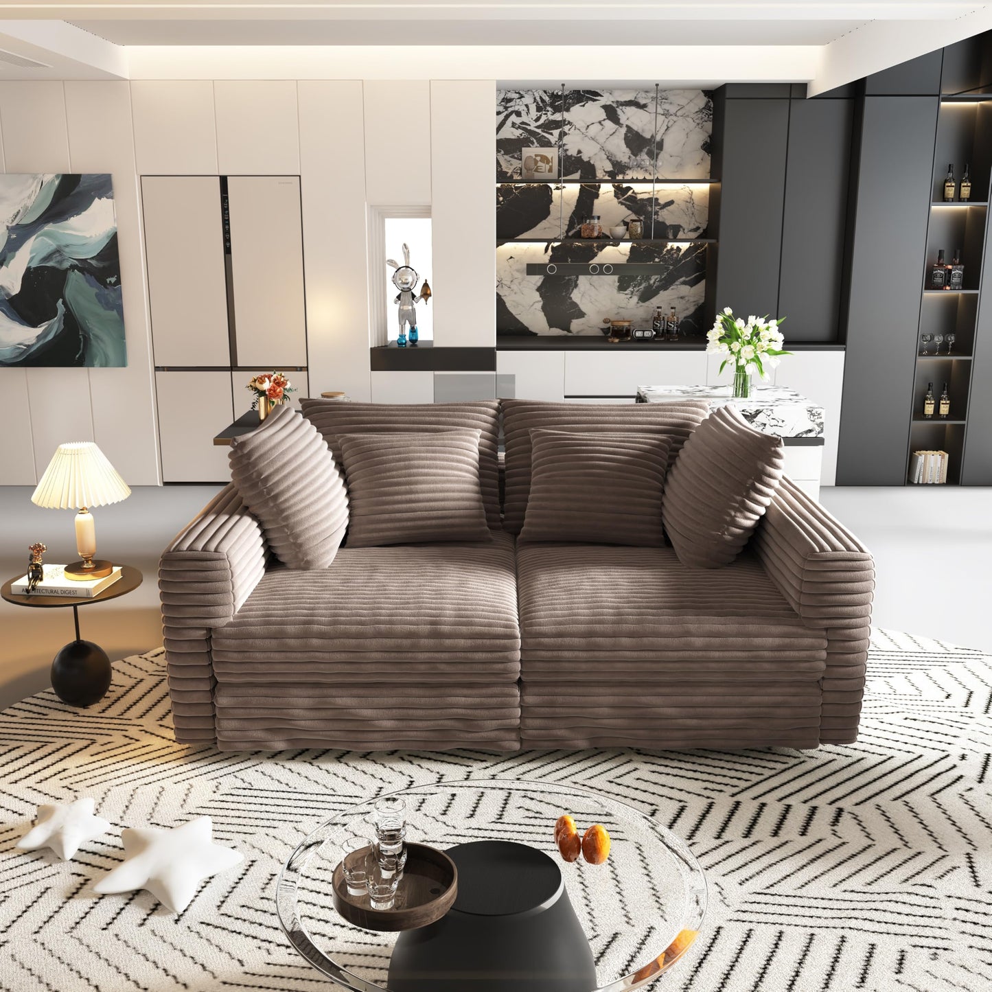 KEIKI 102.4" Sectional Couches, Modern Comfy Upholstered Sofa Cloud Couch, Deep Seat 4 Seat Sofa Set with Soft Pillows for Living Room Bedroom,Apartment,Office, Camel