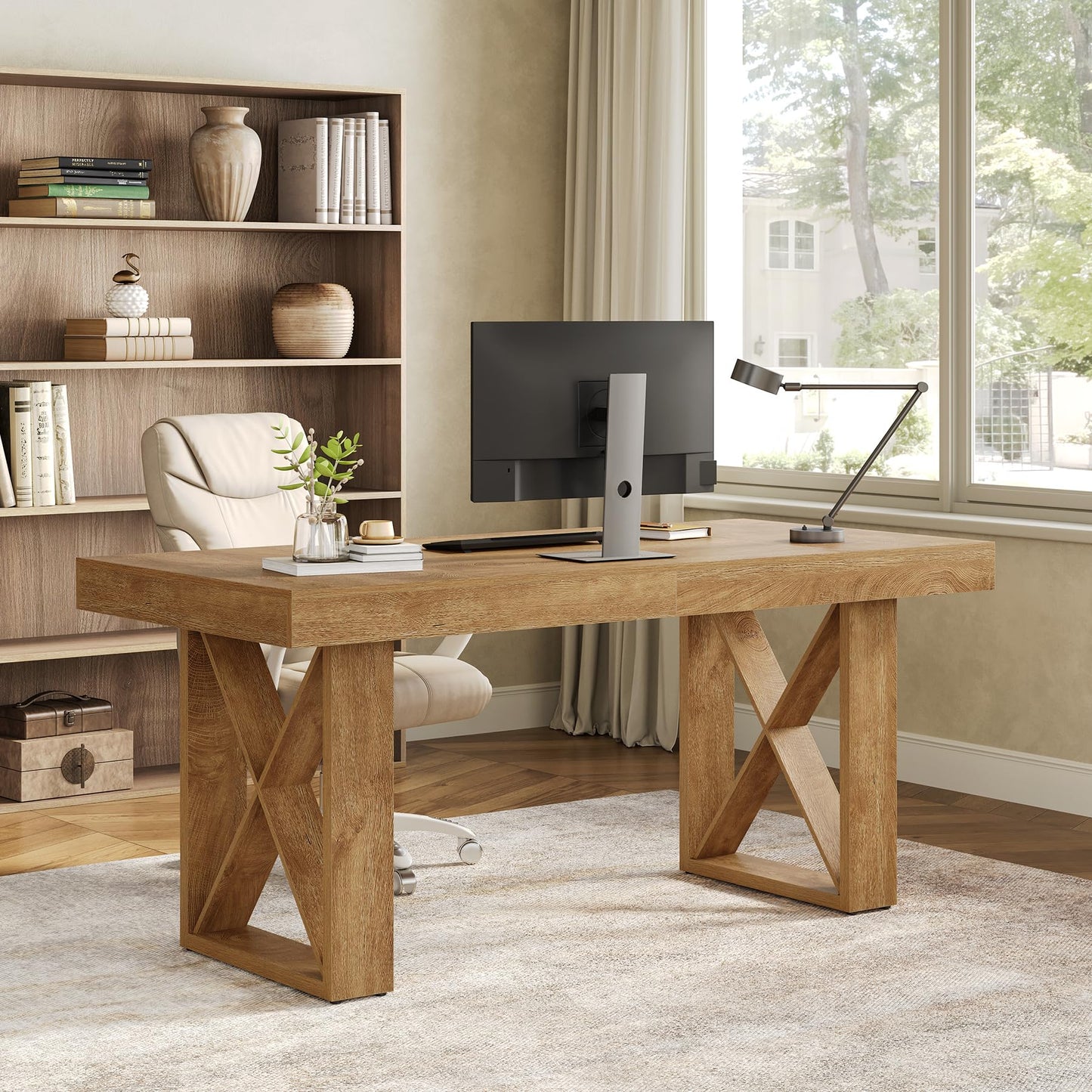 LITTLE TREE 63-Inch Computer Desk, Simple Thick Appearance, Study Gaming Writing Workstation Executive Office Desk for Home, Study Room, Brown