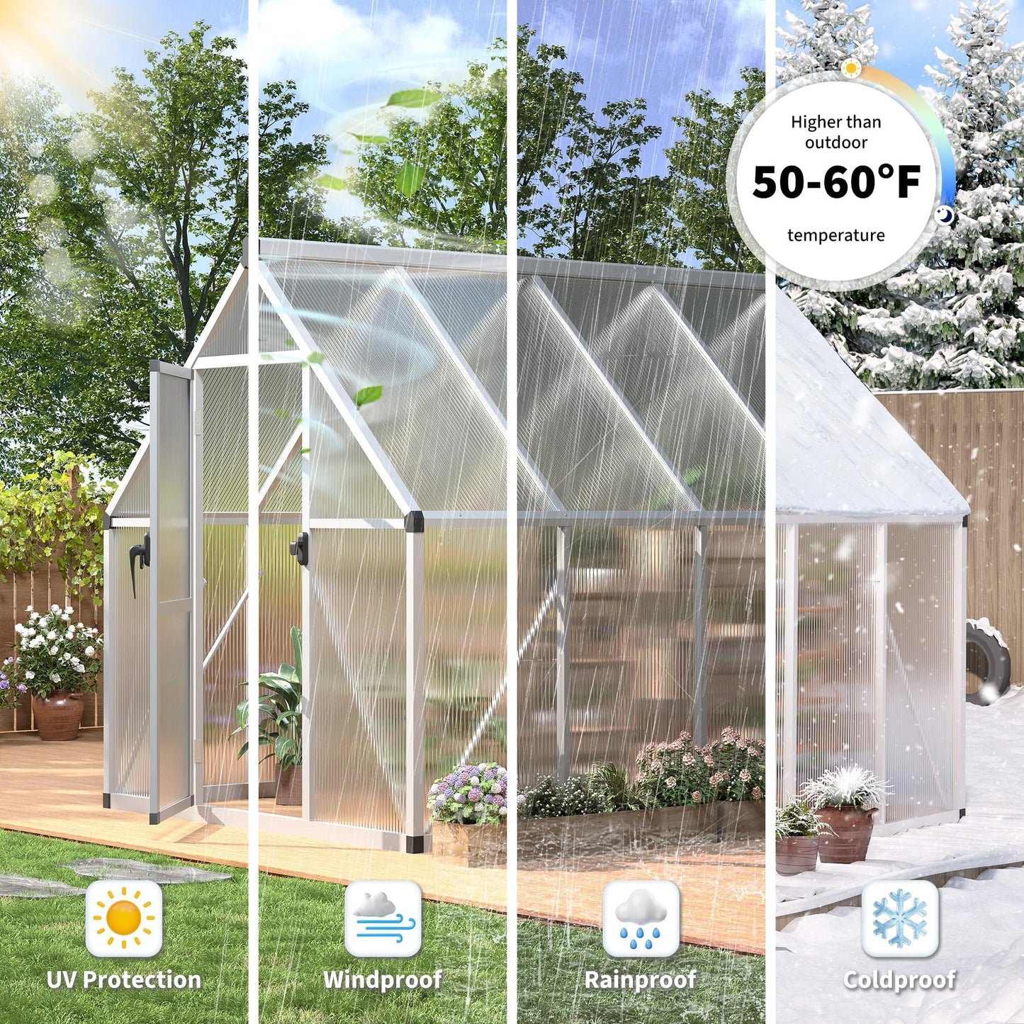 6x7 FT Outdoor Polycarbonate Greenhouse with Lockable Door, Adjustable Roof Vent, and Windproof Aluminum Frame, Walk-in Design for Backyard or Lawn