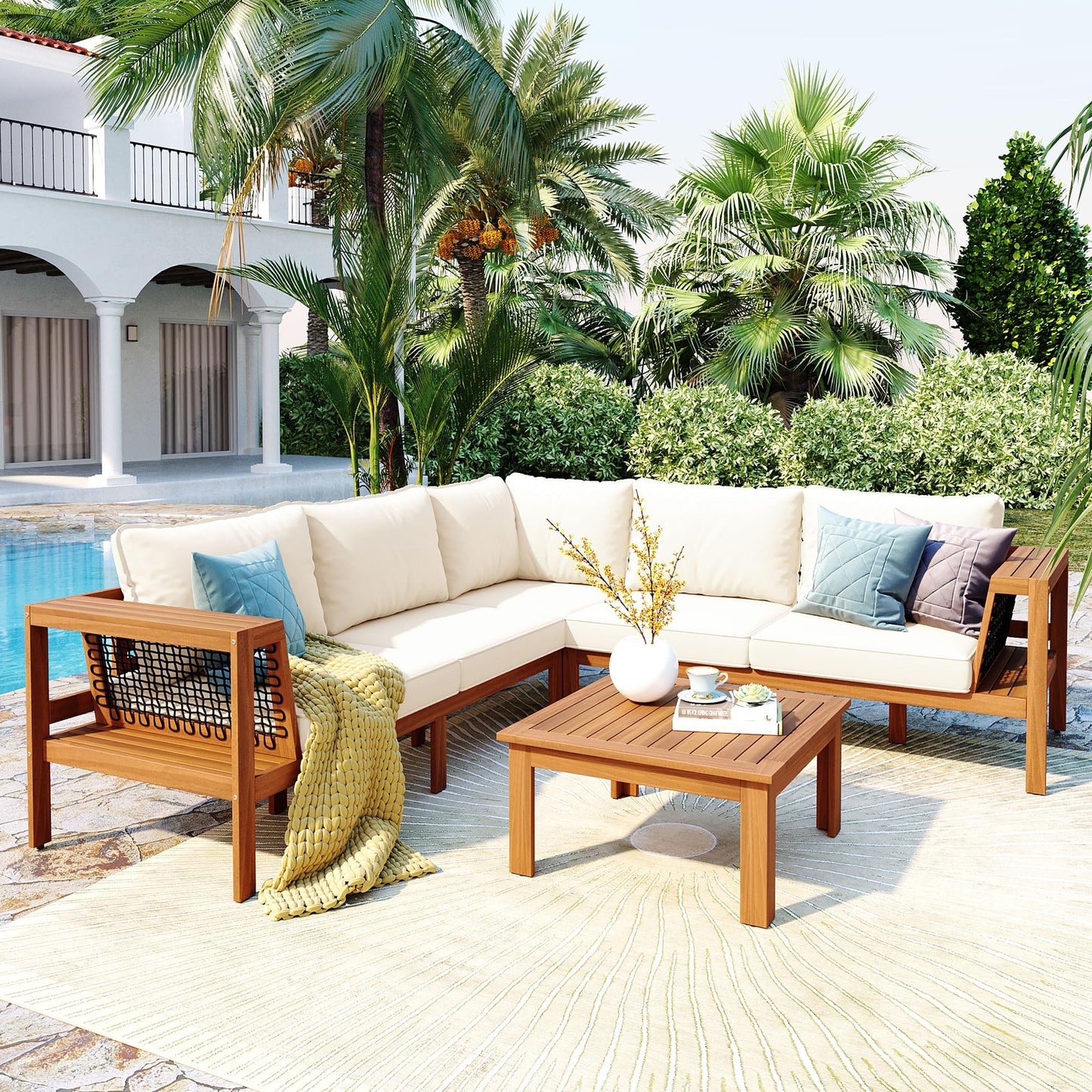 Merax 4 Pieces Patio Furniture Set, Outdoor L-Shaped Sectional Sofa Set with Coffee Table, Acacia Wood Conversation Seating & Thick Cushions and Side Table, for Backyard, Garden and Poolside, Beige