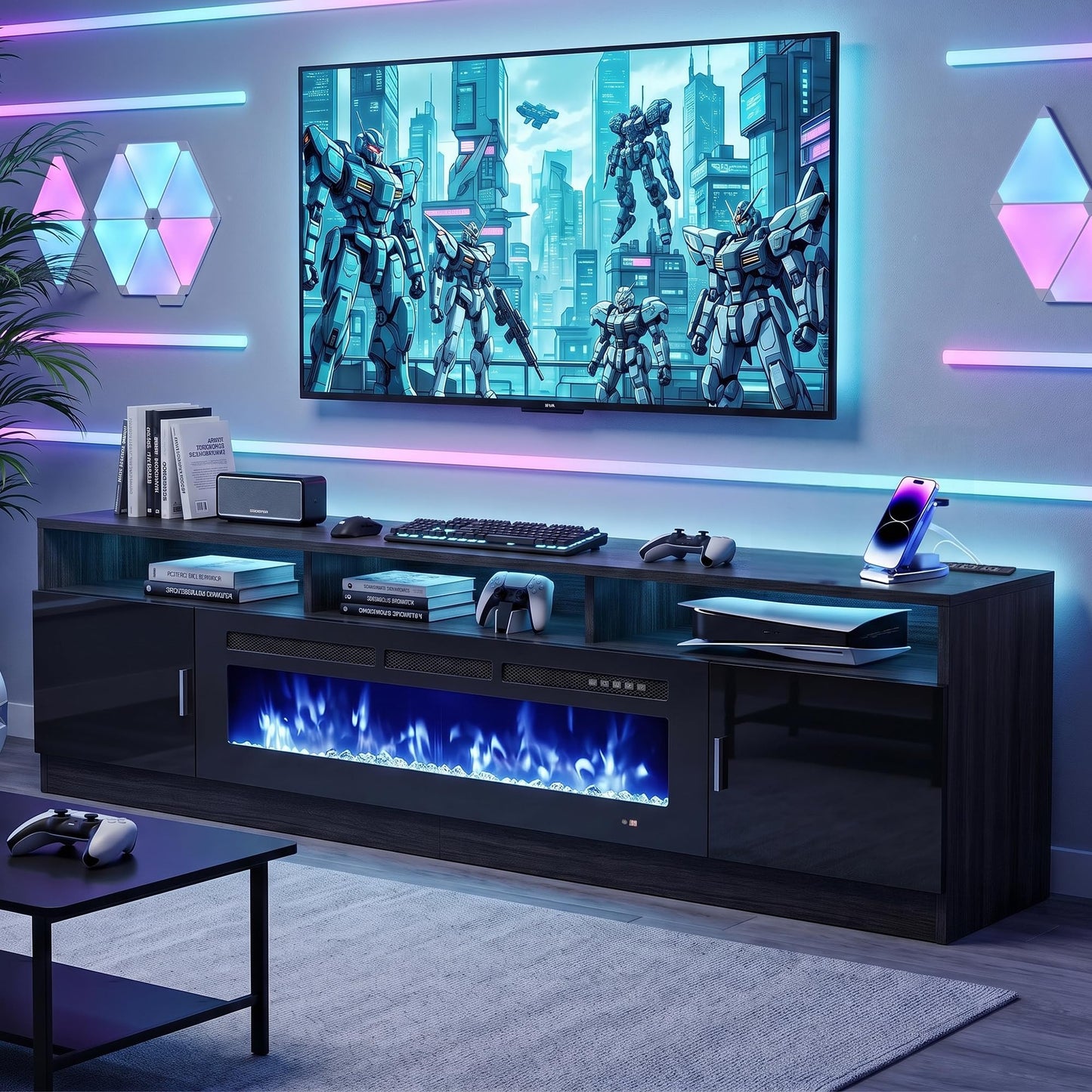 MXV 70" Fireplace TV Stand with Power Outlet for TVs UP to 80", Electric Fireplace Entertainment Center with LED Lights & Storage Cabinets, TV Console for Living Room, Office, Black-Black