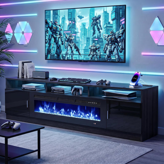 MXV 70" Fireplace TV Stand with Power Outlet for TVs UP to 80", Electric Fireplace Entertainment Center with LED Lights & Storage Cabinets, TV Console for Living Room, Office, Black-Black