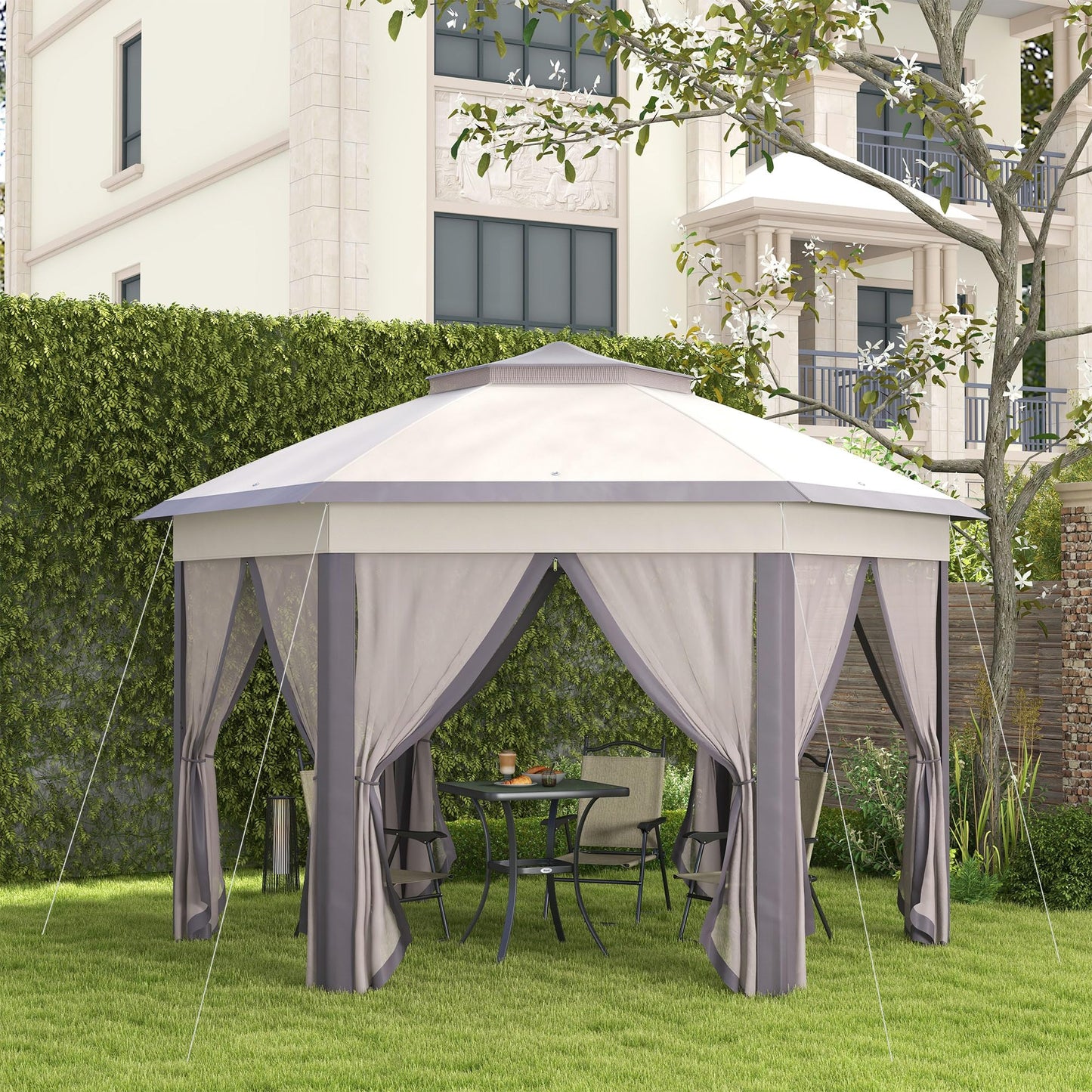 Outsunny 13' x 13' Pop Up Gazebo, Hexagonal Canopy Shelter with 6 Zippered Mesh Netting, Event Tent with Strong Steel Frame for Patio Backyard Garden Wedding Party, Coffee and Beige