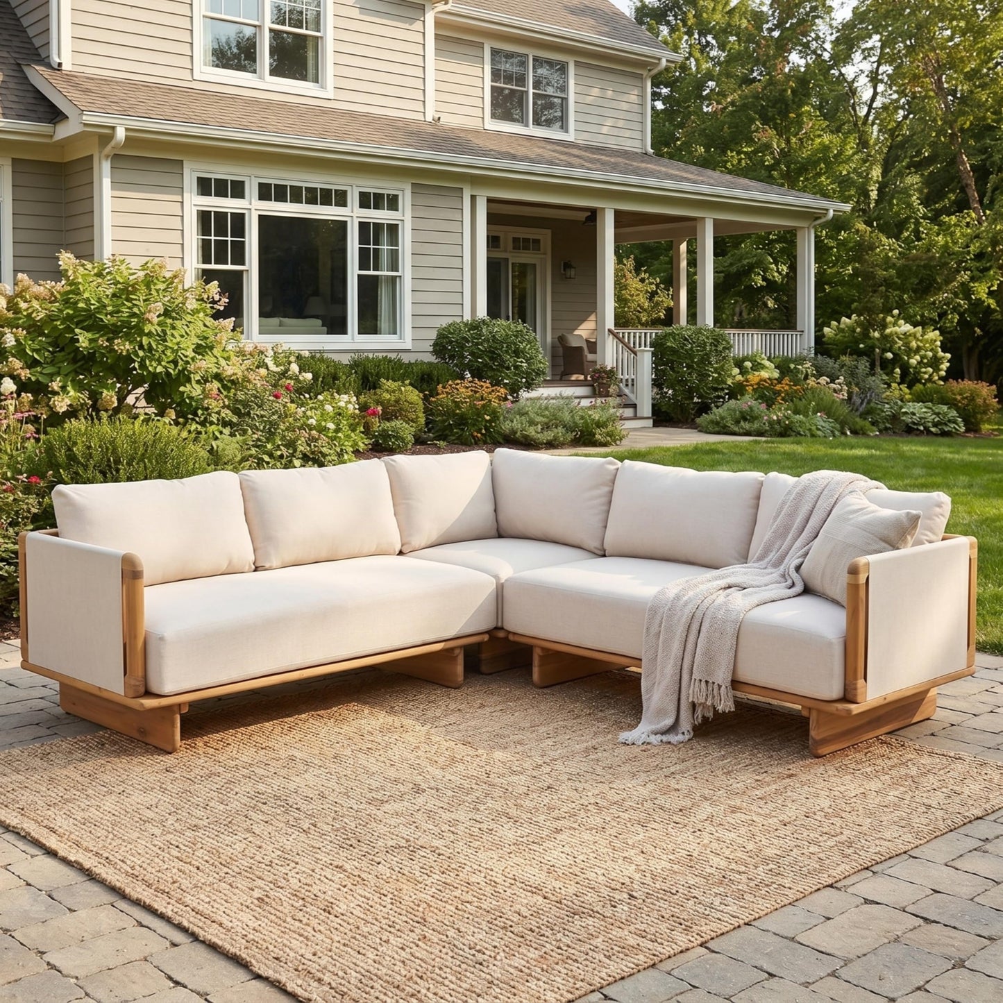 Merax 3 Piece Patio Outdoor Furniture Set, All-Weather V-Shaped Sectional Sofa with Cushions, Acacia Wood 5-Seater Couch Set for Porch, Lawn, Backyard, Balcony, Light Teak+ Beige