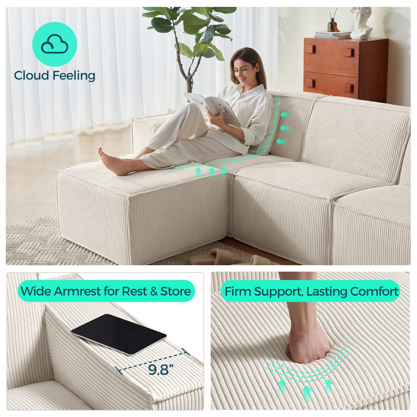 LINSY HOME Modular Sectional Sofa, 134" Boneless Couch U Shaped 4-Seat Sofa with 2 Movable Ottomans, Corduroy Sectional Cloud Couches for Living Room, No Assembly Required, Beige