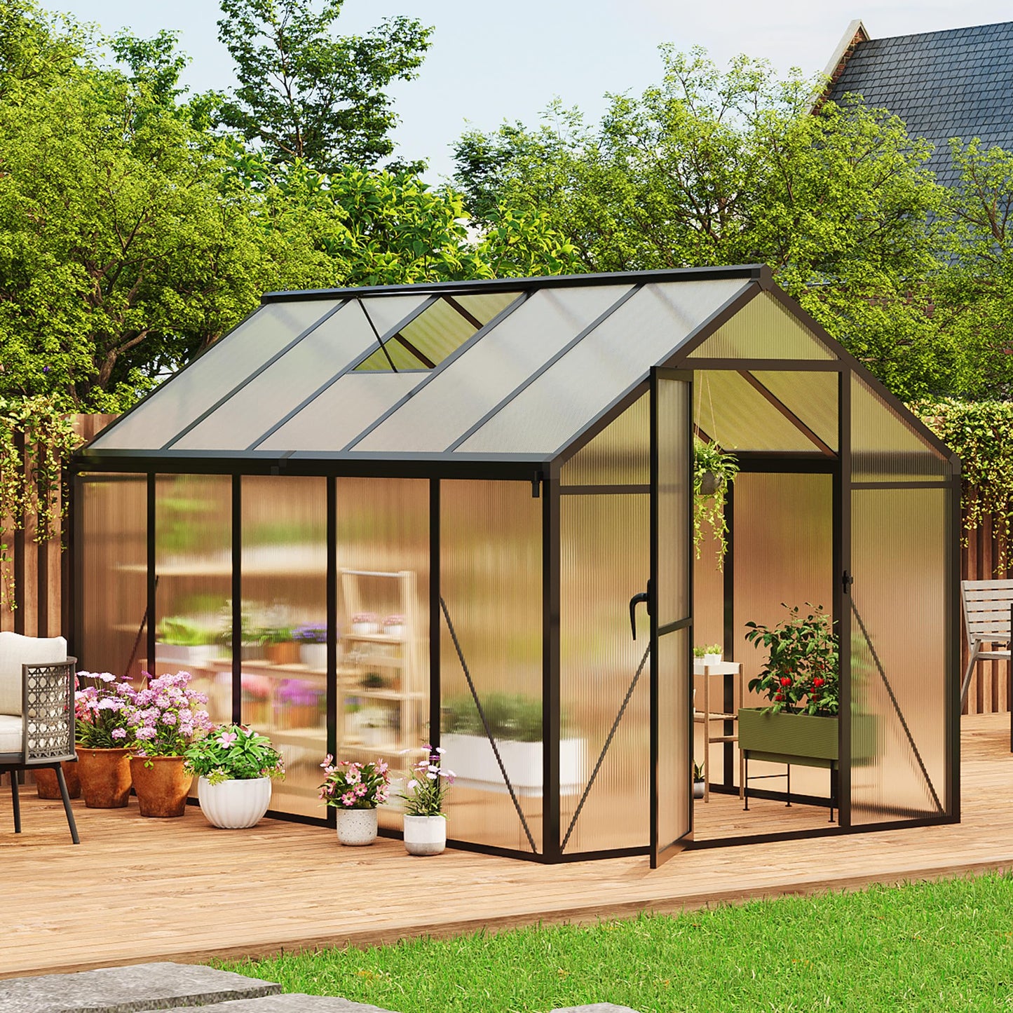 6x10 ft Walk-in Greenhouse, Polycarbonate Panels with Reinforced Aluminum Frame, Large Garden Green House for Planting and Seed Starting, Quick-Assembly Structure with Adjustable Roof Vent