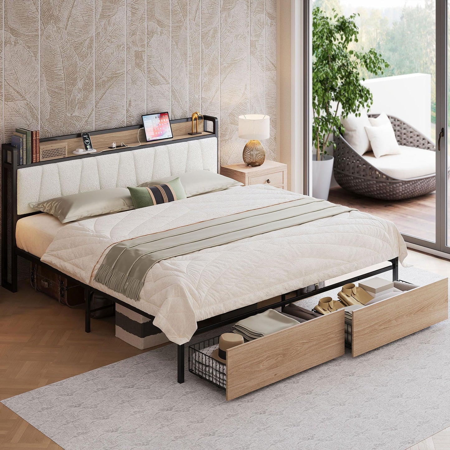 LIKIMIO King Size Bed Frame with 2 Drawers and Charging Station