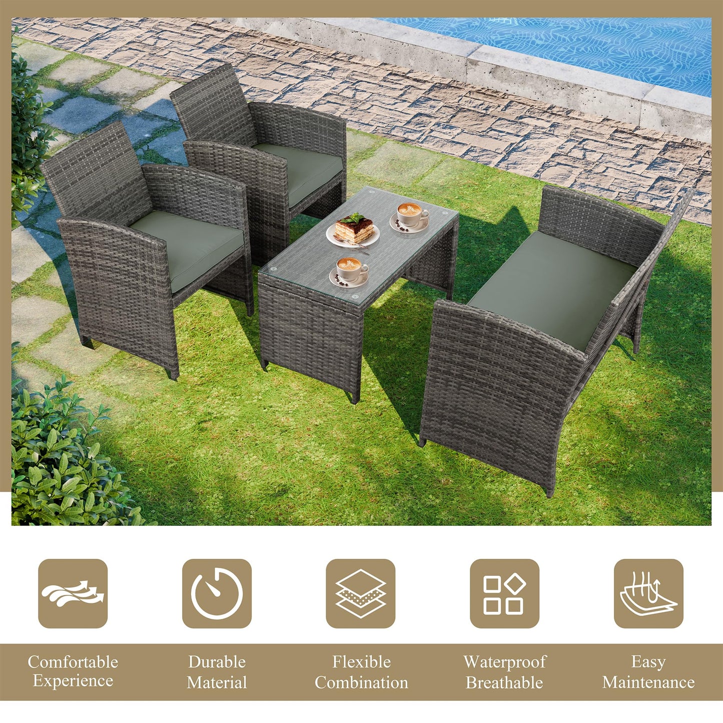 JAMFLY 4 Piece Outdoor Patio Furniture Set, Outdoor Wicker Rattan Chairs Conversation Sets with Cushions & Coffee Table for Outside, Garden, Balcony, Porch, Grey