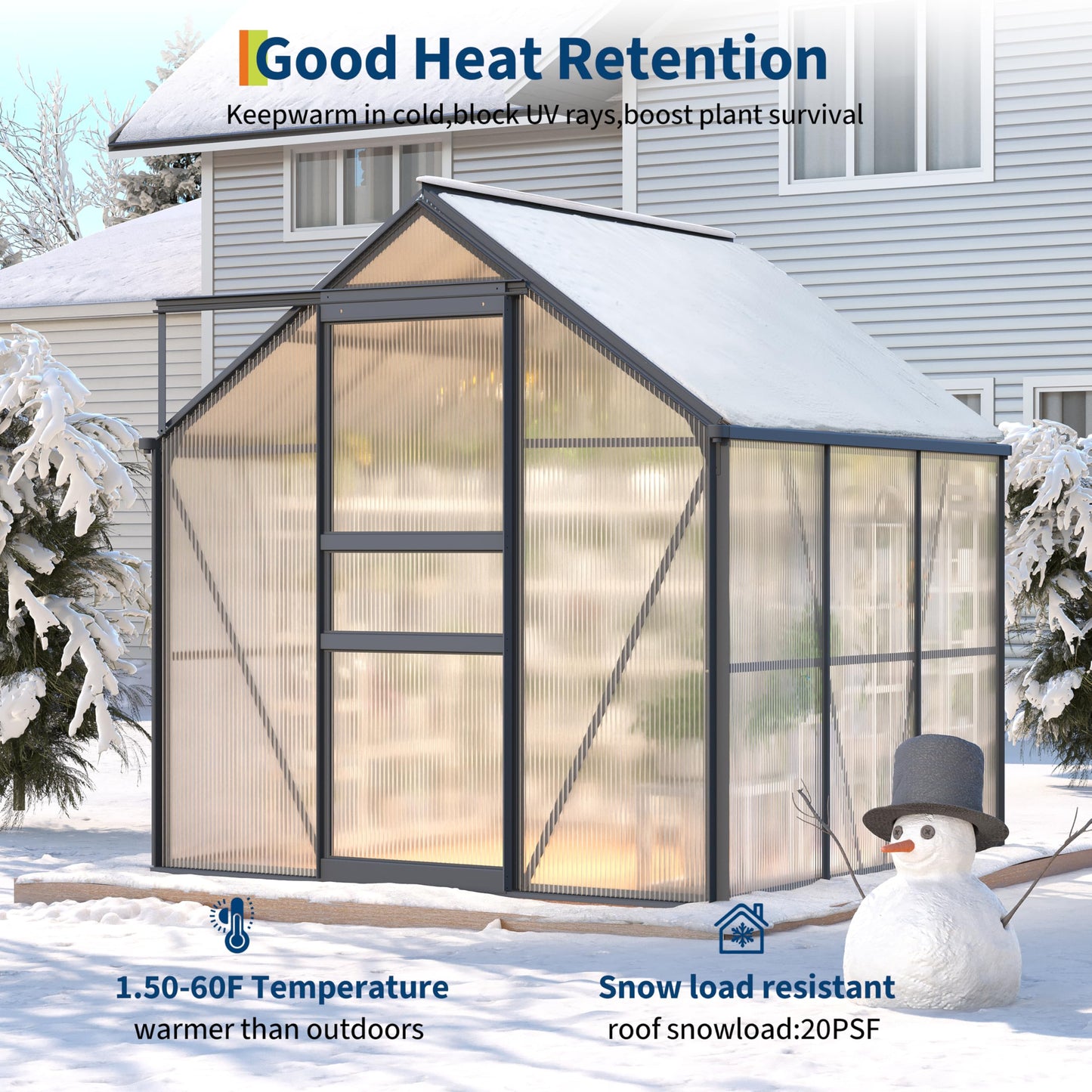 GarveeLife 6 x 6 FT Walk-in Greenhouses for Outside, Polycarbonate Greenhouse with Sliding Door, Adjustable Roof Vent, Aluminum Frame, Backyard Green Houses for Patio Garden