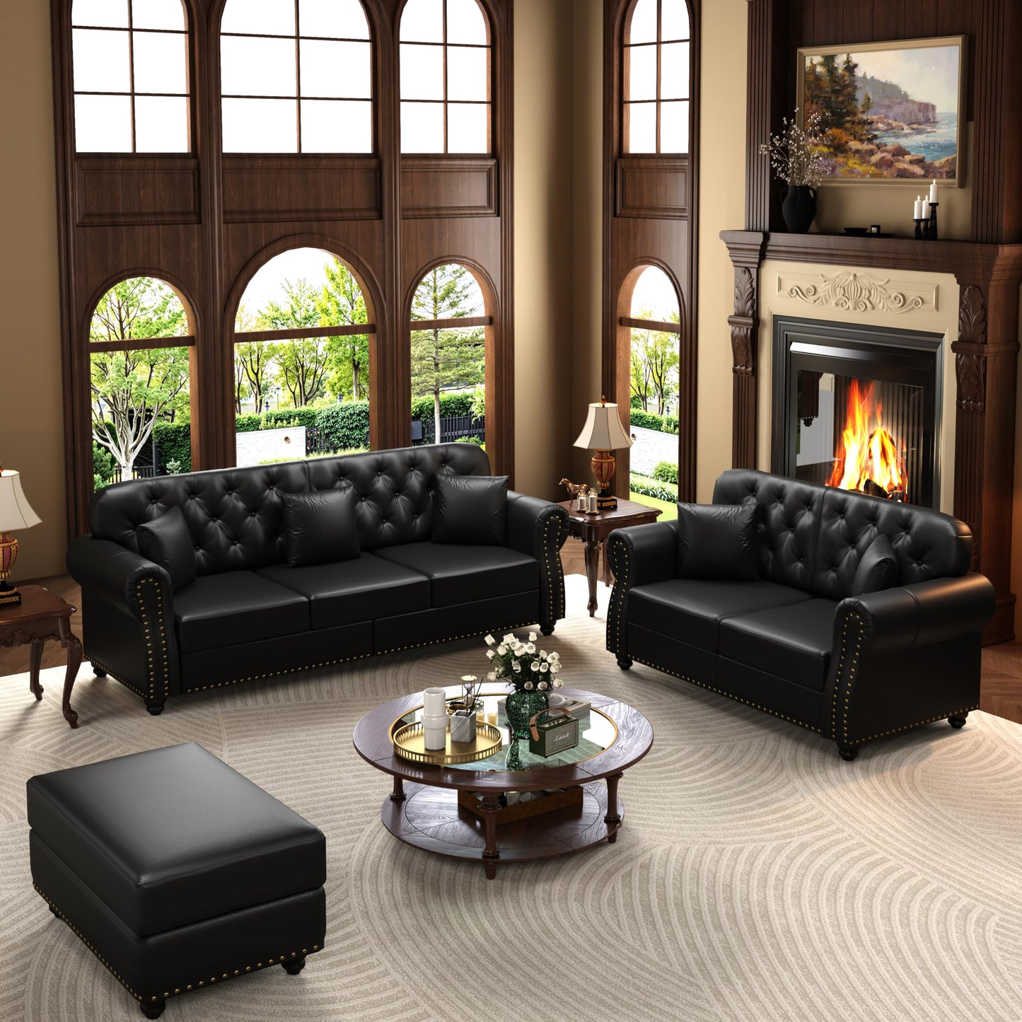 KEIKI 2-Piece Chesterfield Sofa Set with 1 Faux Leather 3-Seater Sofa & 1 Loveseat Sofa, Upholstered 5-Seater Couch Set with Nailhead Trim & Rolled Arms & 1 Ottoman & 5 Pillow, for Living Room, Black