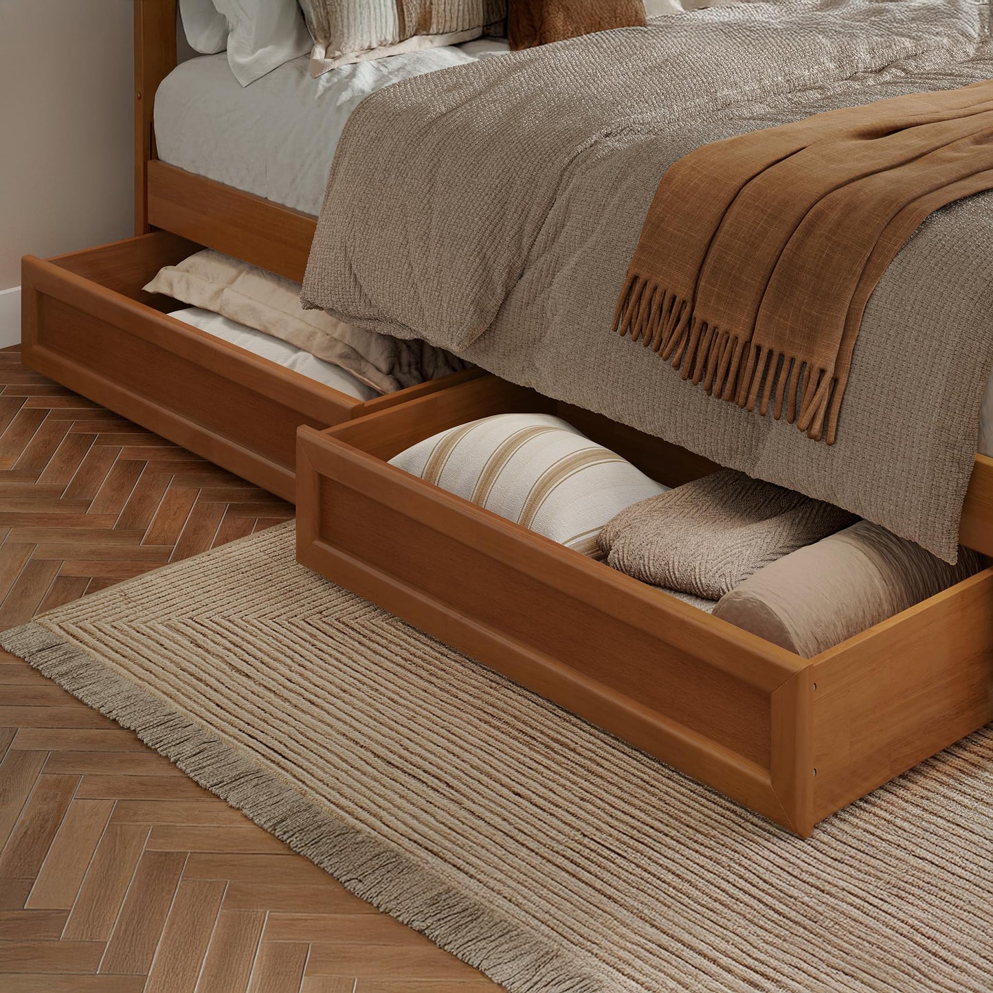 AFI, Roslyn Full Platform Bed with Panel Footboard and Storage Drawers, Light Toffee