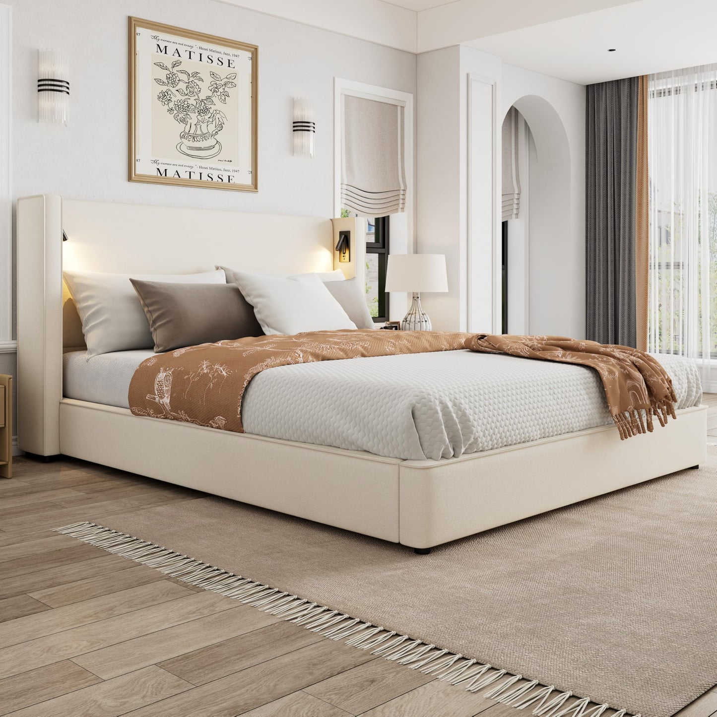 Christopher Knight Home Hazel 49.20" H King Headboard Bed, Upholstered King Size Bed, Slats Panel Support Platform, No Spring Box Needed, Wingback Headboard with Reading Lamps and USB, Beige