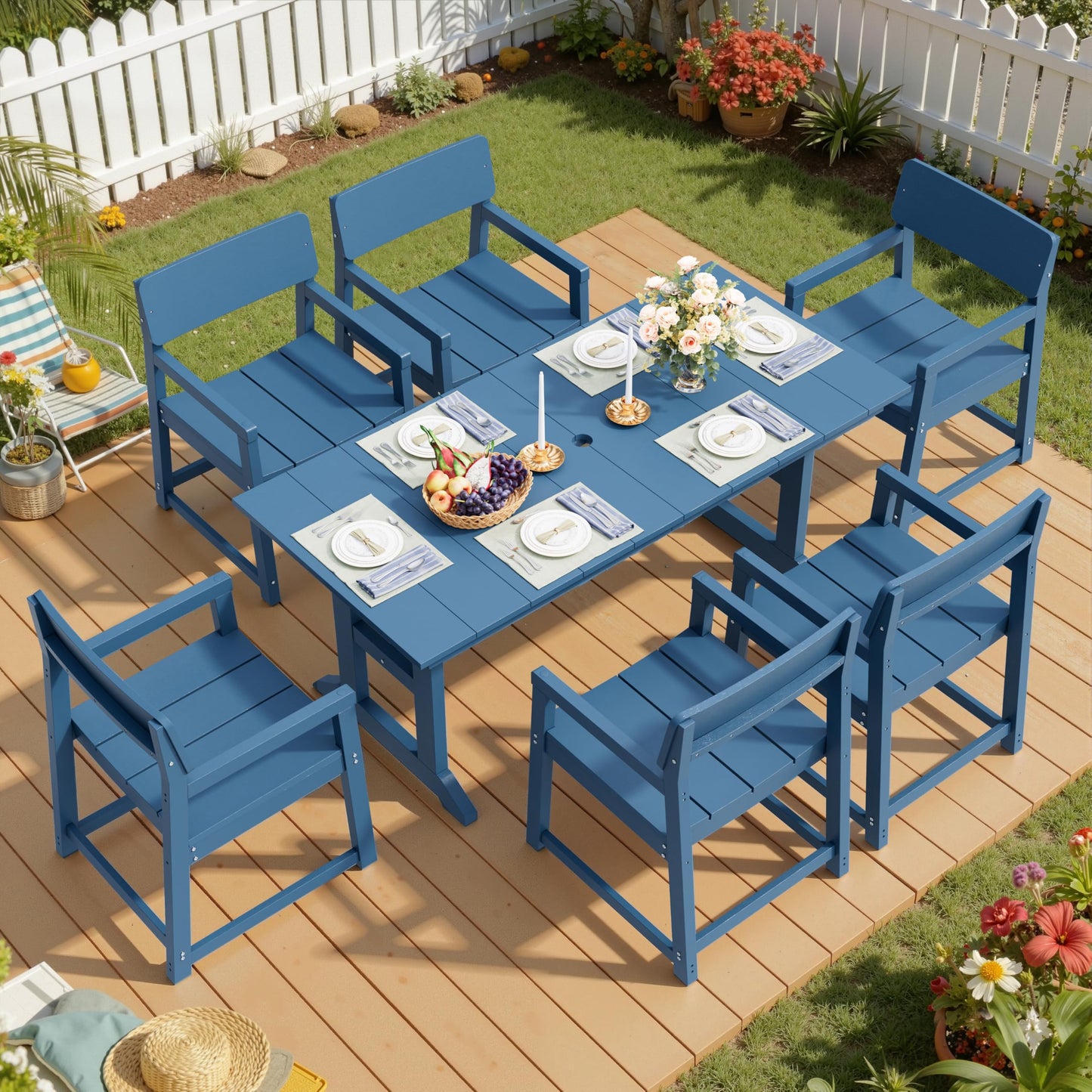 Shintenchi 7 Pieces Outdoor Dining Set,HDPE Outdoor Table and Chairs Set for 6,All Weather Patio Furniture Sets with Umbrella Hole,Modern Wooden Textured Dining Sets for Backyard,Garden,Blue