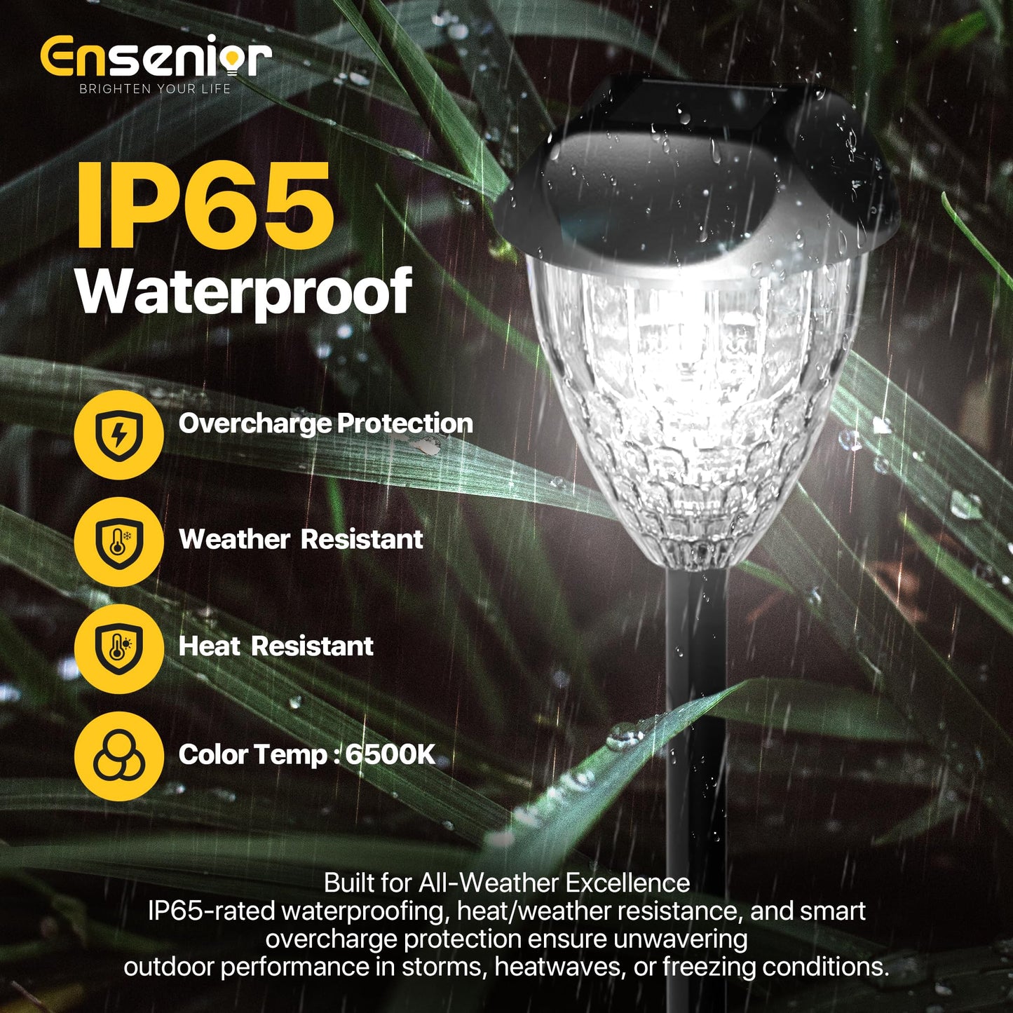 Ensenior 8-Pack Solar Garden Lights, 6500K LED, Cool White, Waterproof, Auto ON/OFF, Plastic, Model CP3-10CM-65K-08-BL