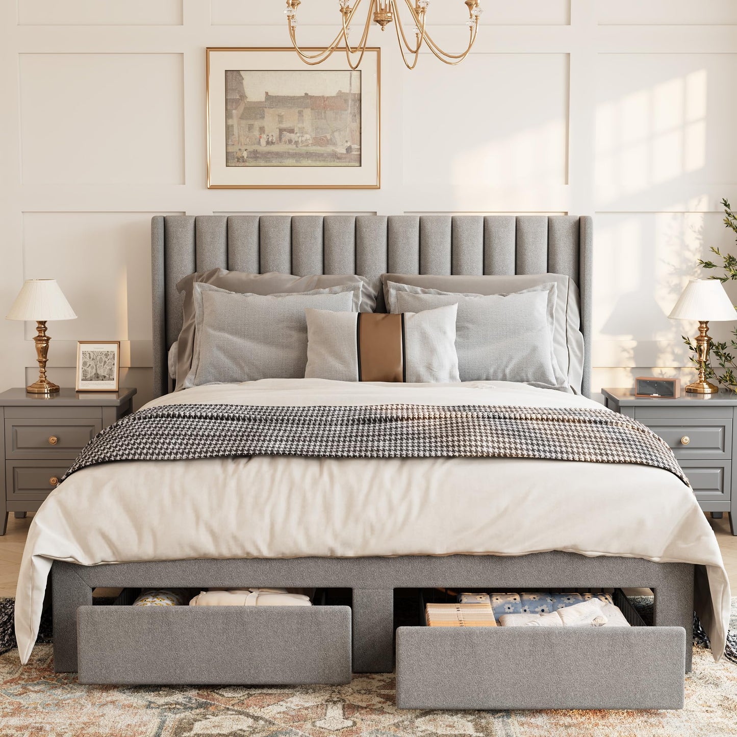 GarveeHome Queen Size Bed Frame, Bed Frame Upholstered Platform Bed with Velvet Headboard, Wing Edge Design, 2 Storage Drawers, No Box Spring Needed, Grey