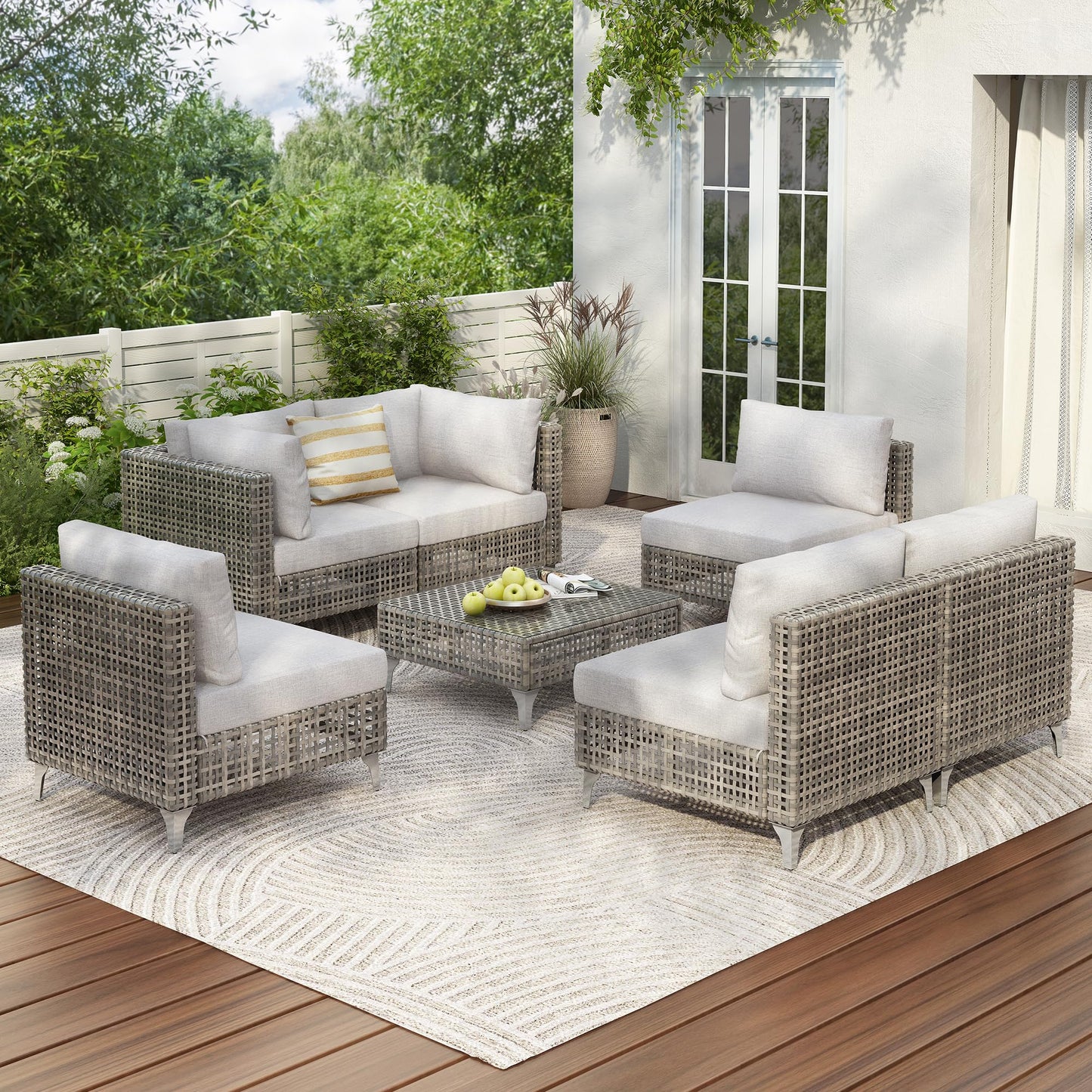 Merax 7 Piece Outdoor Patio Furniture Sets - 8-Seat PE Wicker Sectional Sofa w/Rattan Chaise Lounge & Thick Cushions, 29" Coffee Table w/Glass Top for Garden, Couch, Porch, Backyard Gray
