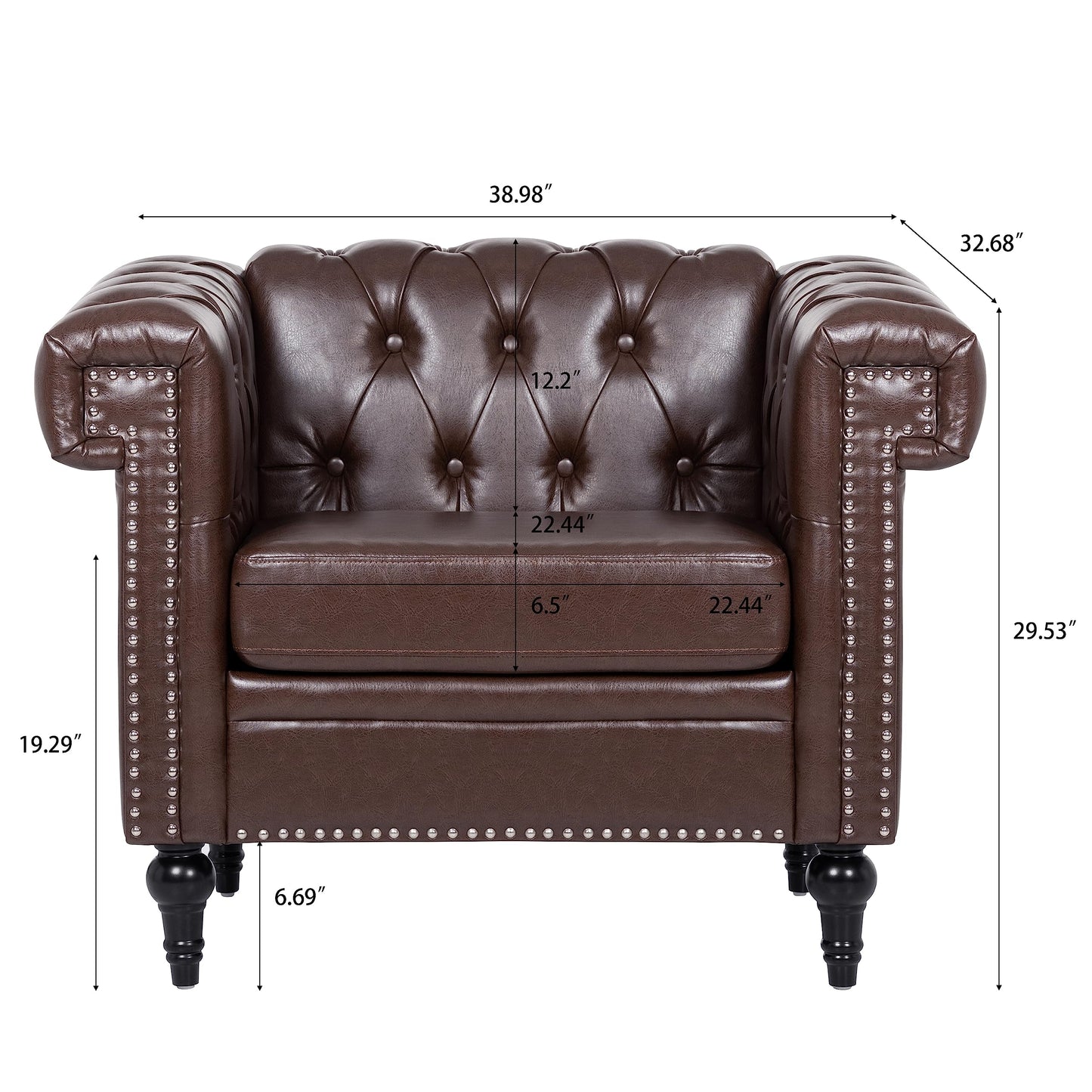 GDFStudio 39" Mid-Century Modern Sofa PU Leather Accent Couch with Rivet Trim, Deep Seat Single Sofa Chair with Rolled Arms, Solid Wood Legs, Vintage Couch for Living Room, Brown