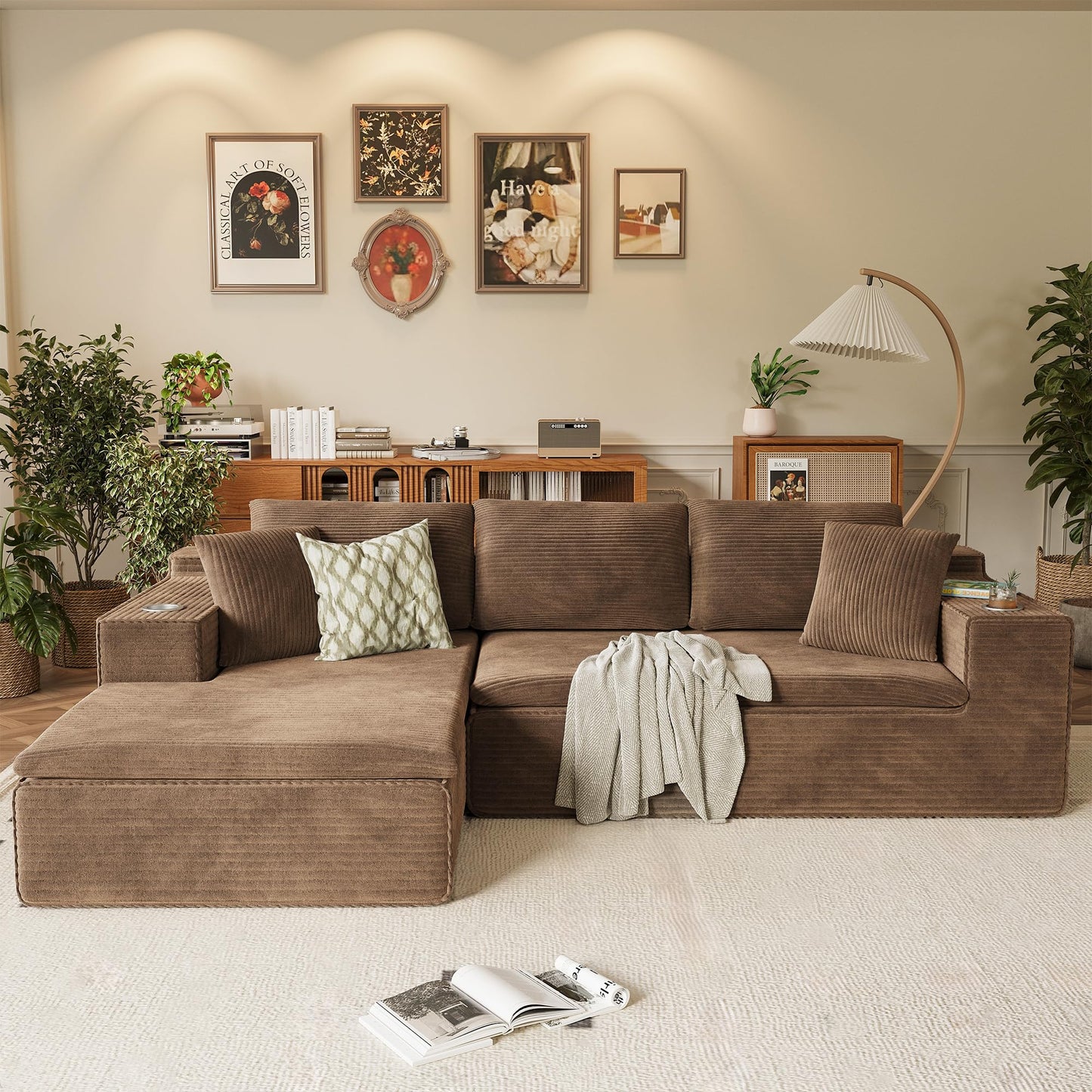 Homall 109" Boneless Couch with Memory Foam, Modular Sectional Sofa with L-Shape Chaise, Cloud Couch with Deep Seat, Dual Cup Holders & Side Pockets, No Assembly Required (Brown)