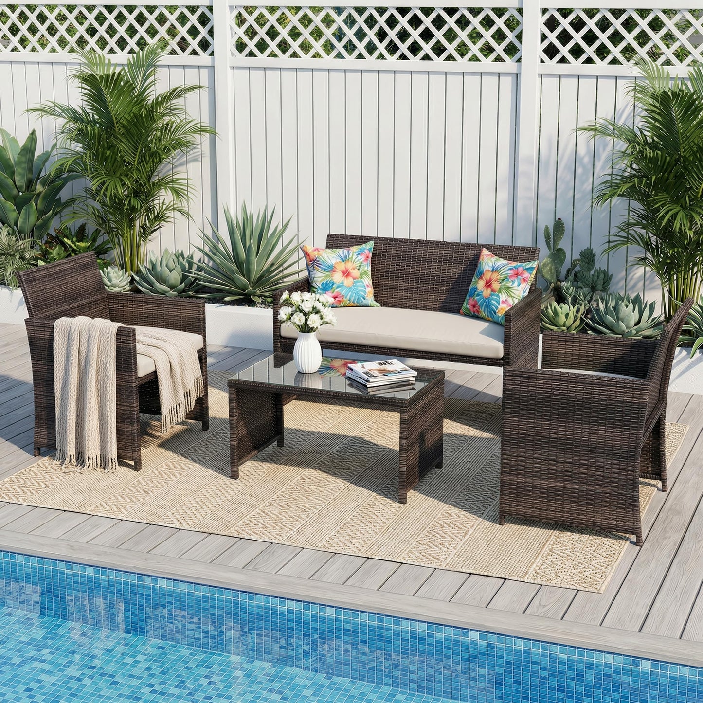 Garvee 4-Piece Patio Furniture Set, PE Rattan Outdoor Conversation Set with Cushions & Tempered Glass Table, All-Weather Wicker Patio Table and Chairs Set for Patio, Porch, Backyard, Brown and Beige