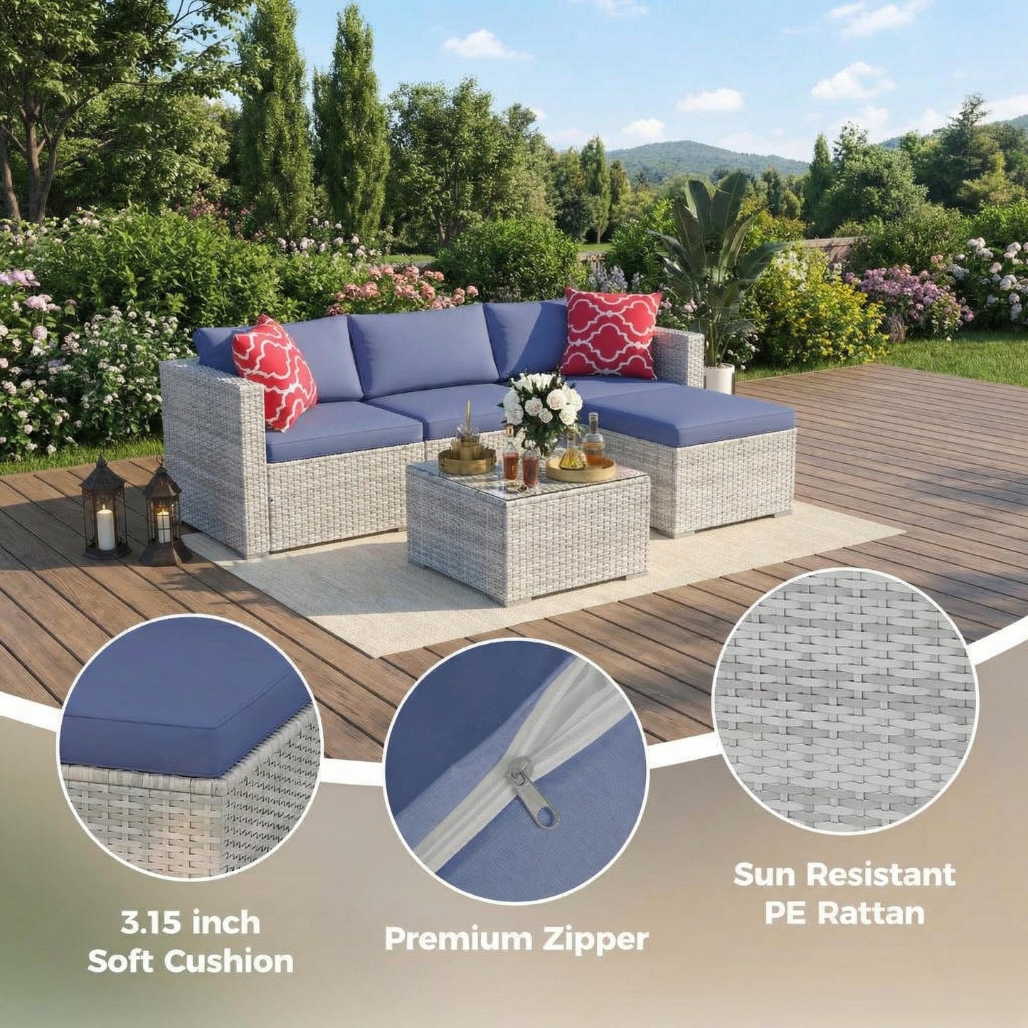 5-Piece L-Shaped Outdoor Patio Furniture Set,PE Wicker Sectional Sofa Set with Cushions and Tempered Glass Table,Steel Frame Conversation Set for Backyard,Poolside Gray Gradient Wicker / Blue Cushions