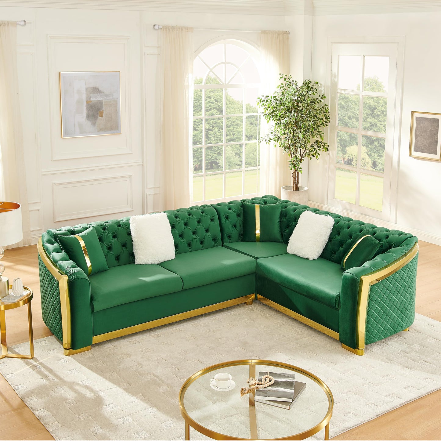KEIKI 106" L-Shaped Luxury Velvet Chesterfield Sectional Sofa with Gold Stainless Steel Accents and 5 Pillows, Mid-Century Oversized 5-Seater Button Tufted Couch, Easy Assembly, for Living Room, Green