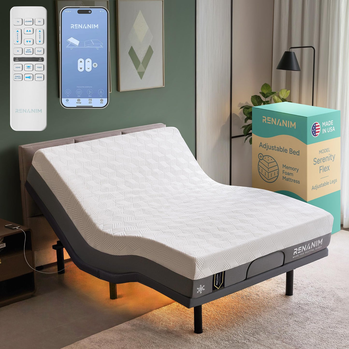 SF Full Size Adjustable Bed Frame with Mattress - 14" Cooling Gel Memory Foam - Electric Massage - Zero Gravity - Wireless Remote for Head & Foot Incline - Underbed Night Lights & 4 USB Ports