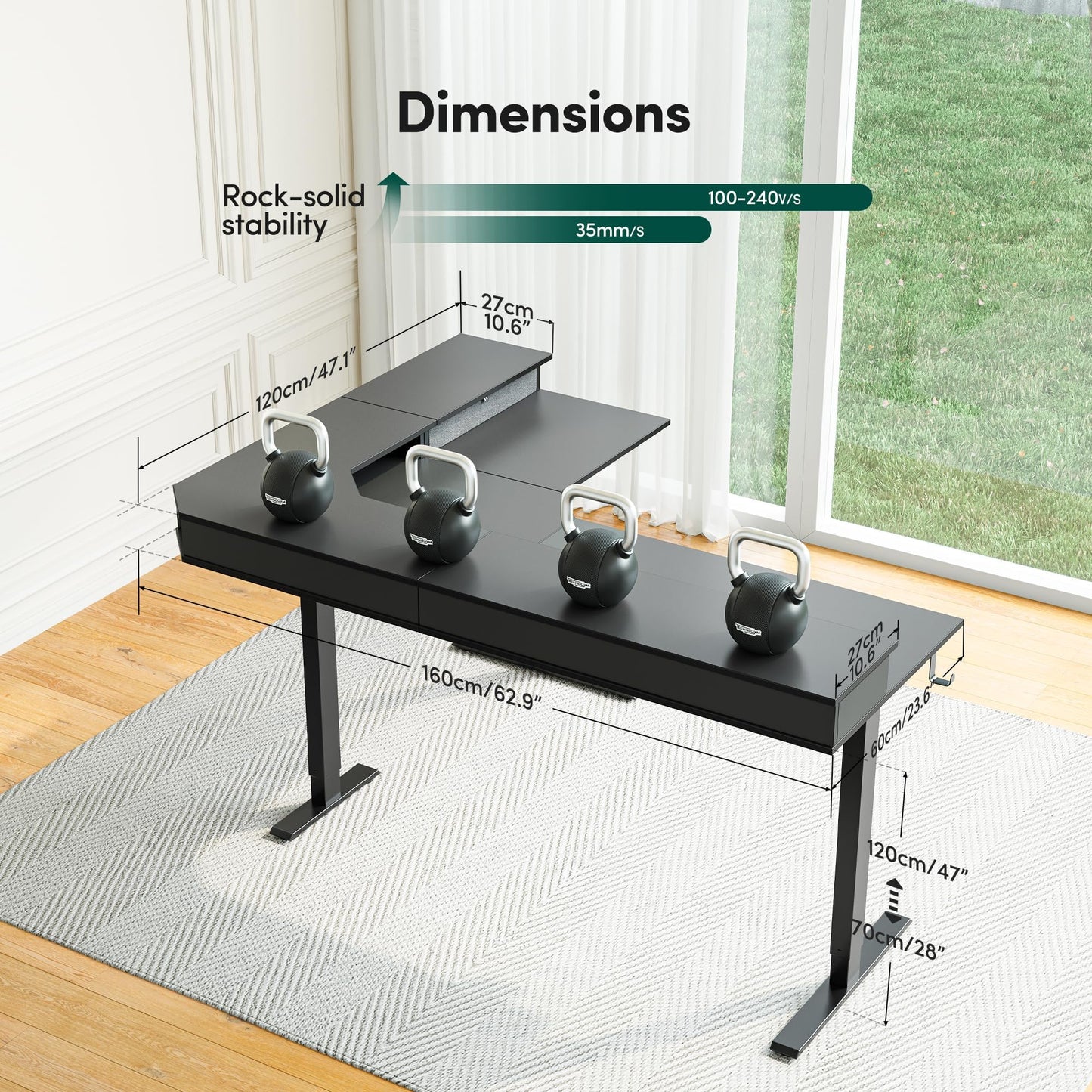 CubiCubi 63x48 Inches L Shaped Standing Desk with 3 Drawers and Monitor Shelf, Height Adjustable Corner Computer Desk with Hooks, Sit Stand Up Ergonomic Home Office Workstation Table, Modern Black